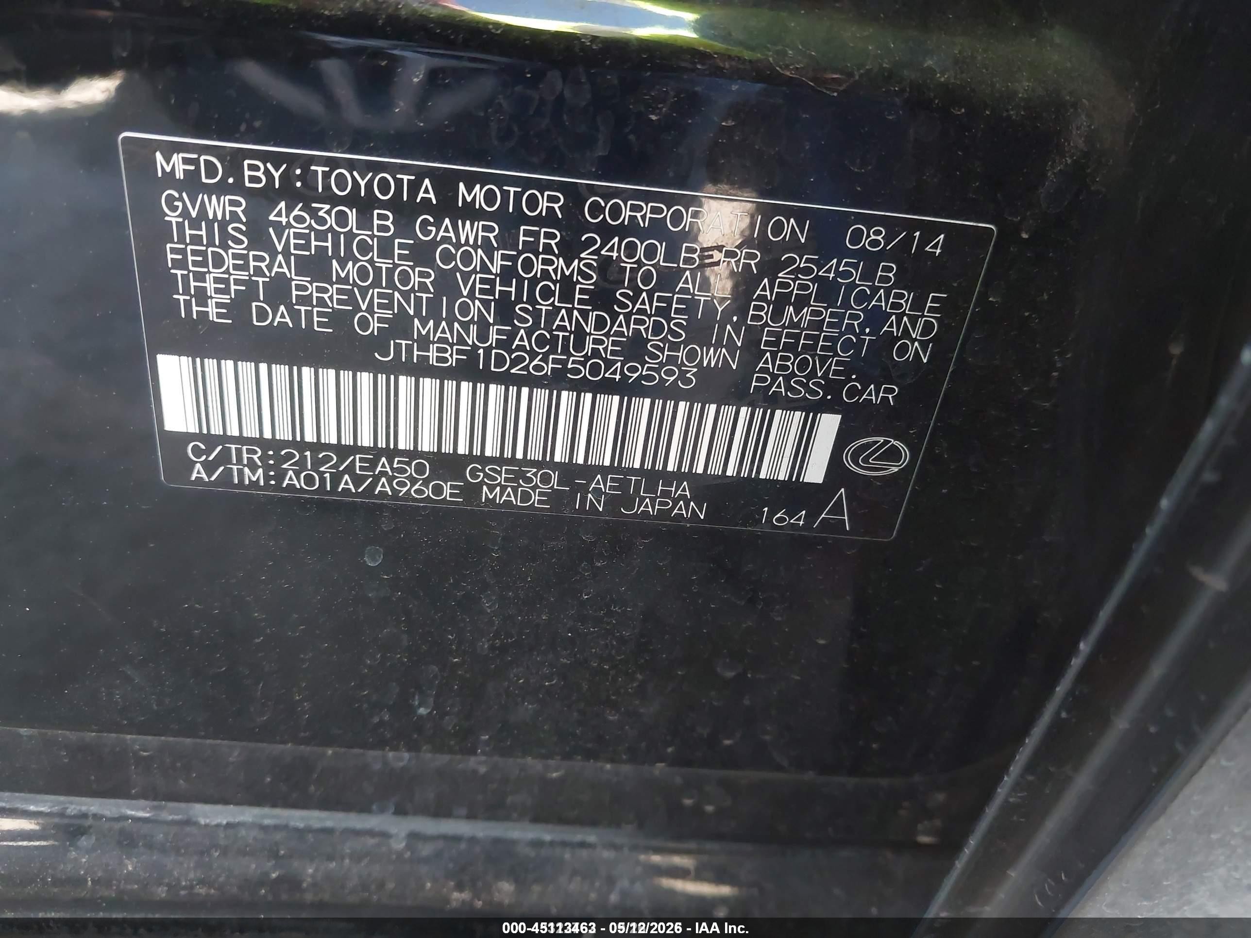 2015 Lexus Is 250 Black vin: JTHBF1D26F5049593
