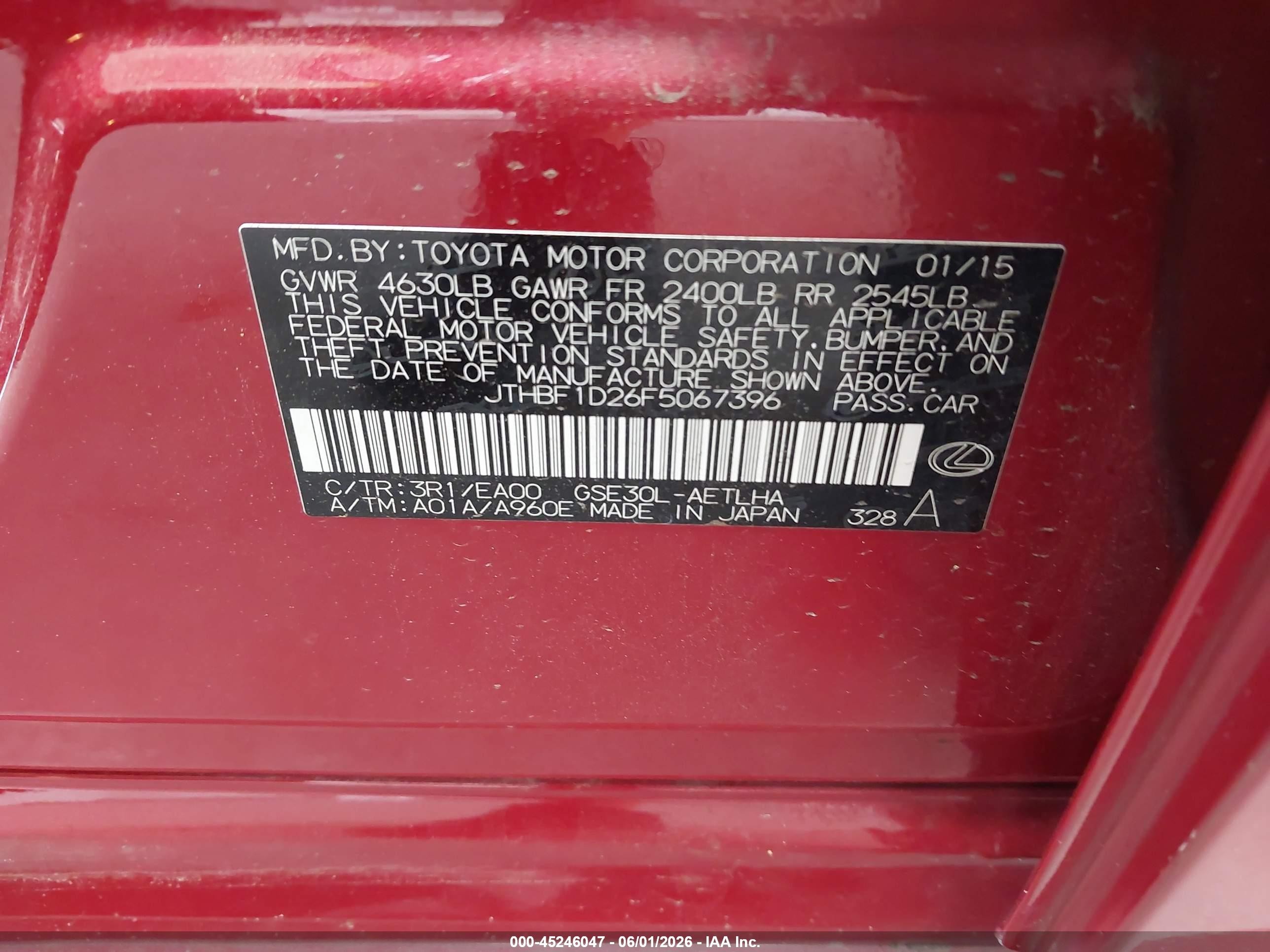 2015 Lexus Is 250   Red vin: JTHBF1D26F5067396