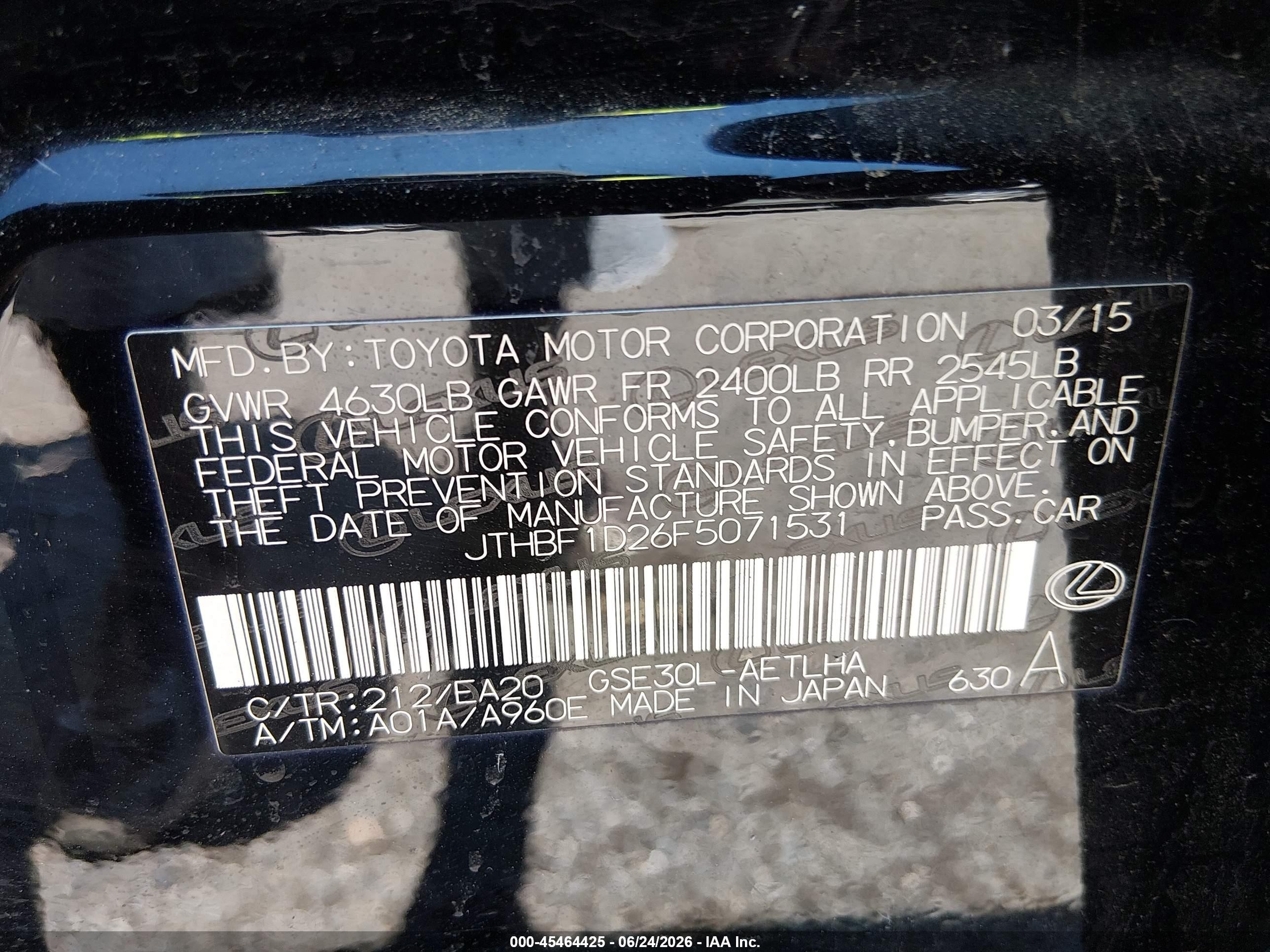 2015 Lexus Is 250 Black vin: JTHBF1D26F5071531