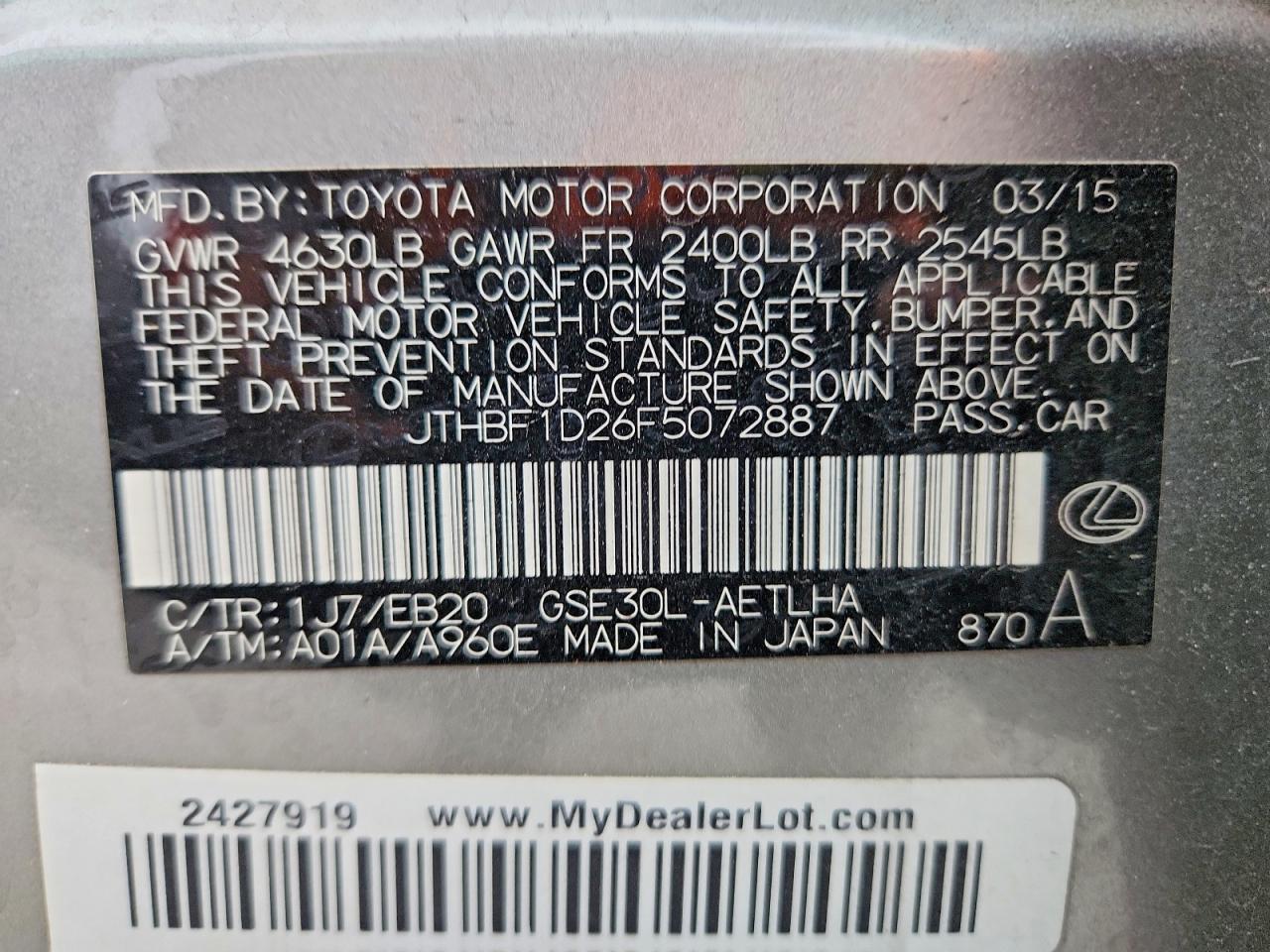 2015 Lexus Is 250 Silver vin: JTHBF1D26F5072887