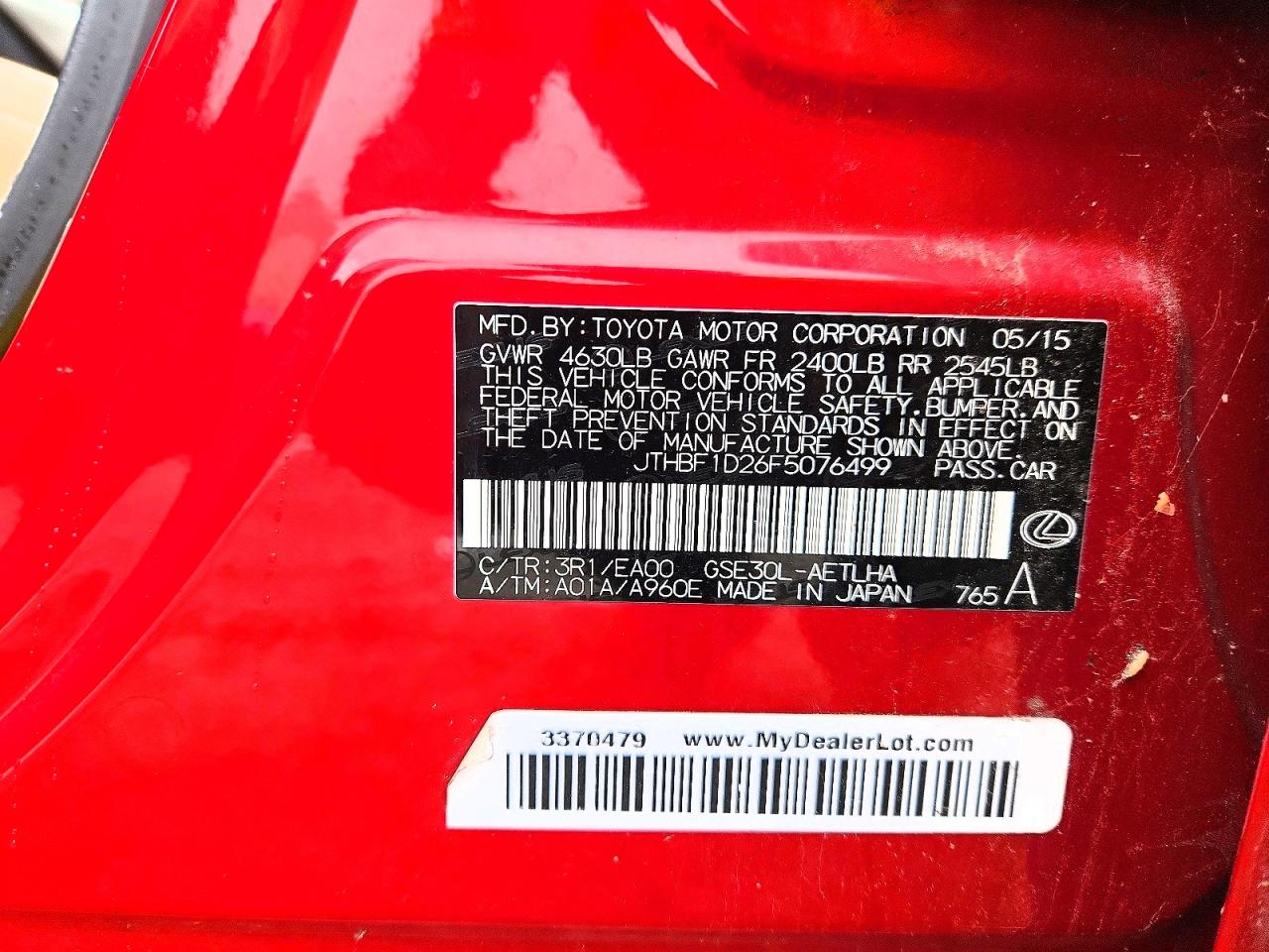 2015 Lexus Is 250 Red vin: JTHBF1D26F5076499