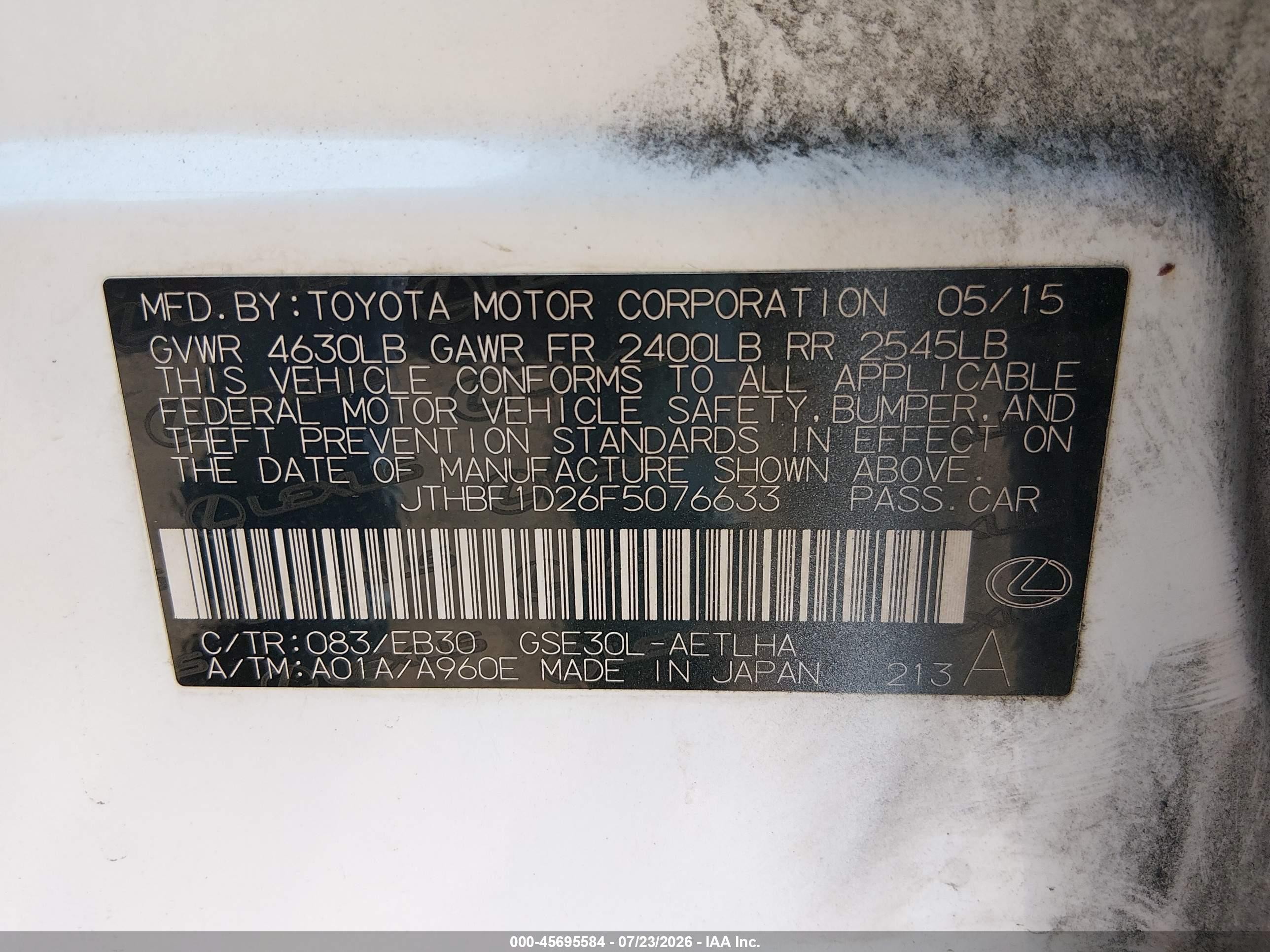 2015 Lexus Is 250 White vin: JTHBF1D26F5076633
