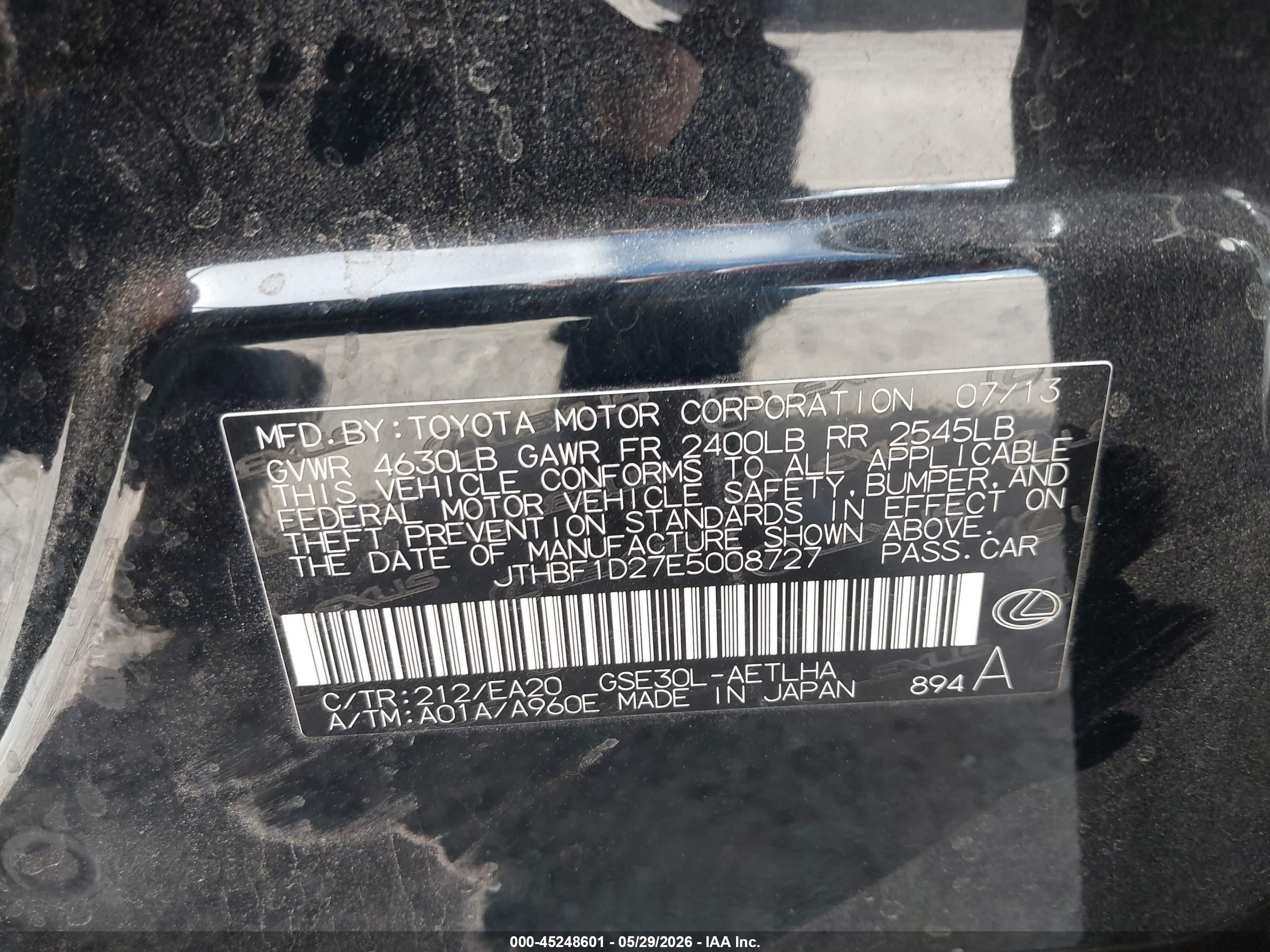 2014 Lexus Is 250   Black vin: JTHBF1D27E5008727