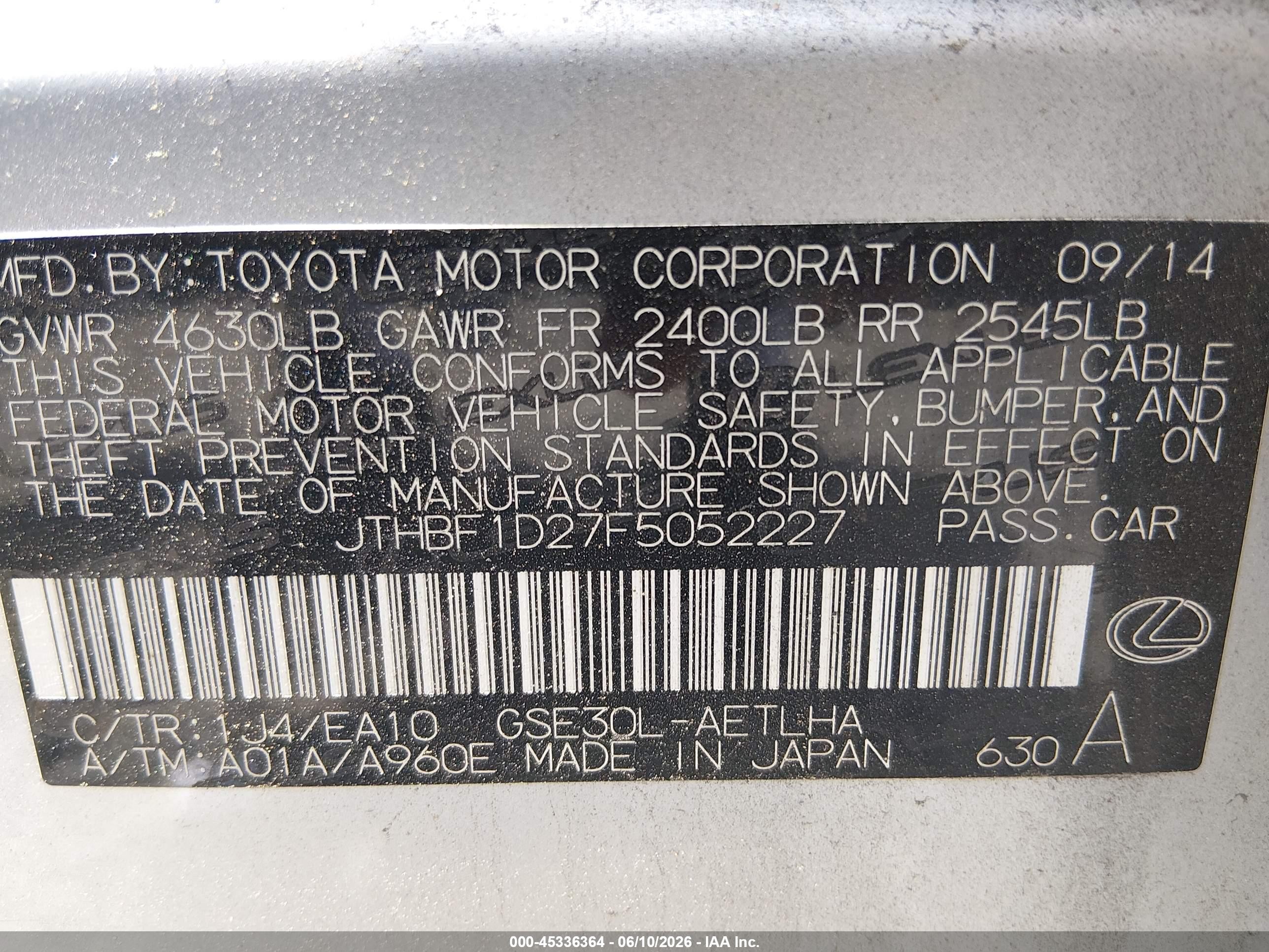 2015 Lexus Is 250   Gray vin: JTHBF1D27F5052227