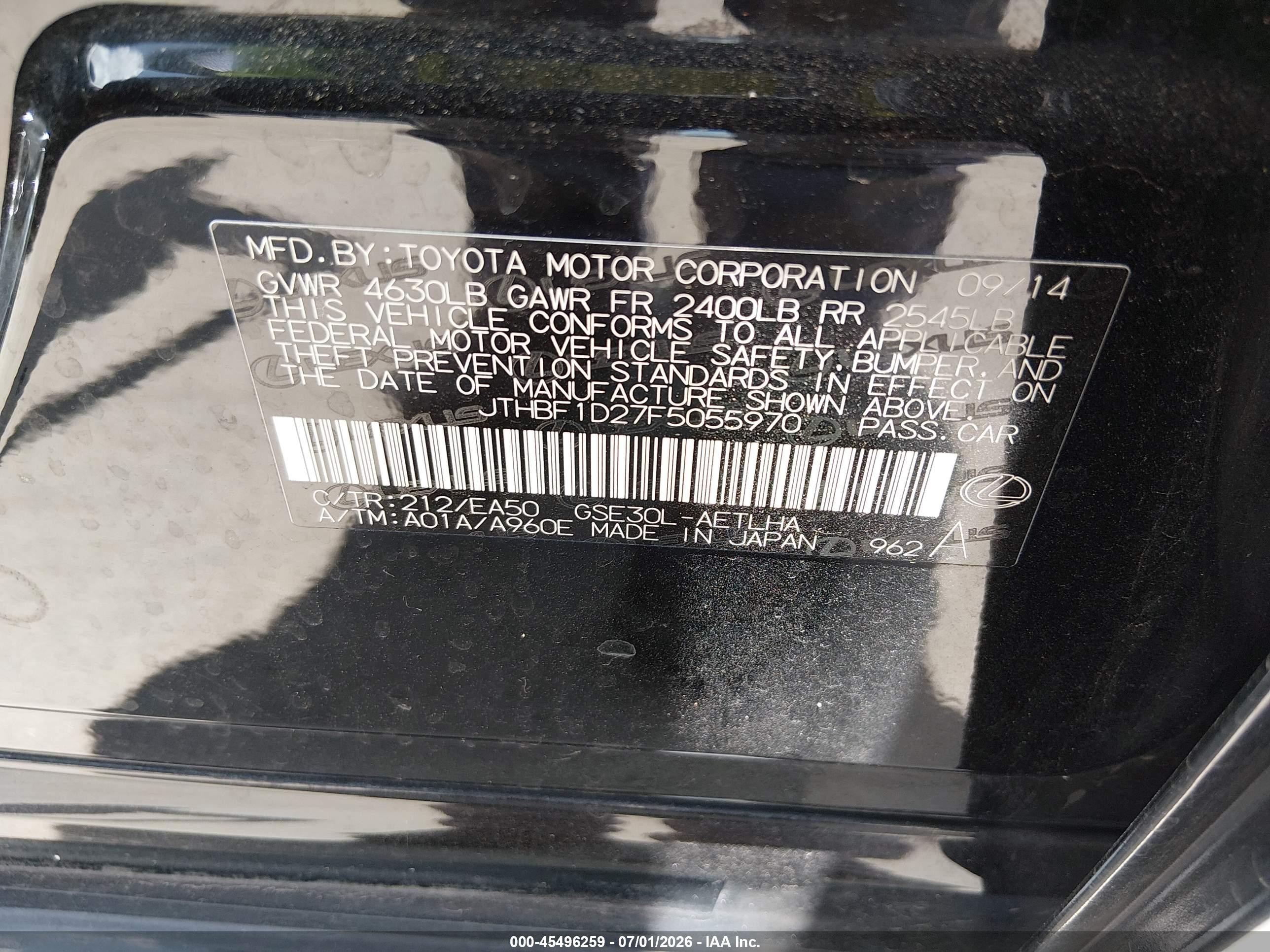 2015 Lexus Is 250   Black vin: JTHBF1D27F5055970