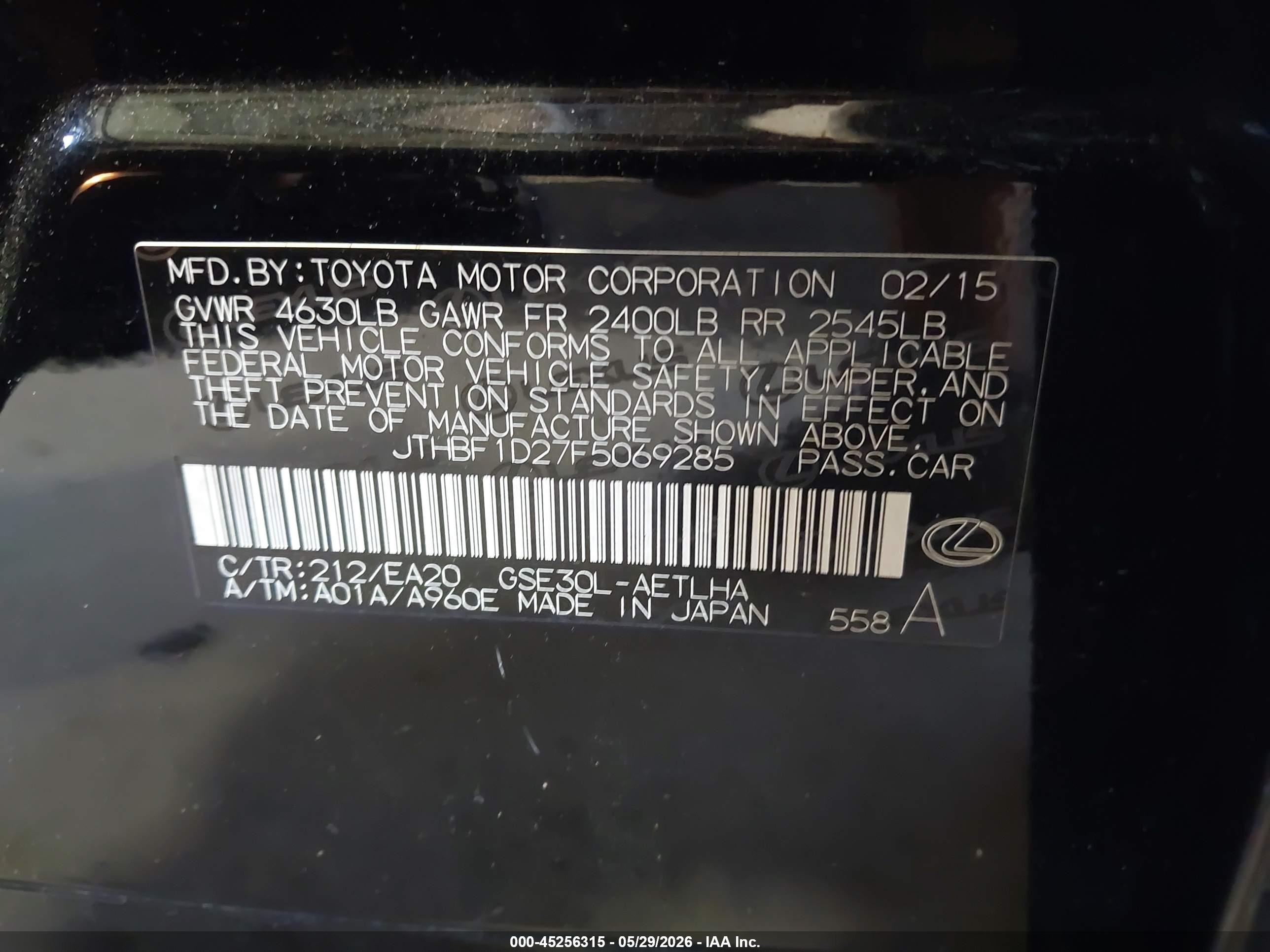 2015 Lexus Is 250 Black vin: JTHBF1D27F5069285