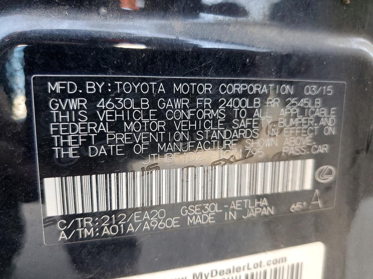 2015 Lexus Is 250 Black vin: JTHBF1D27F5071795