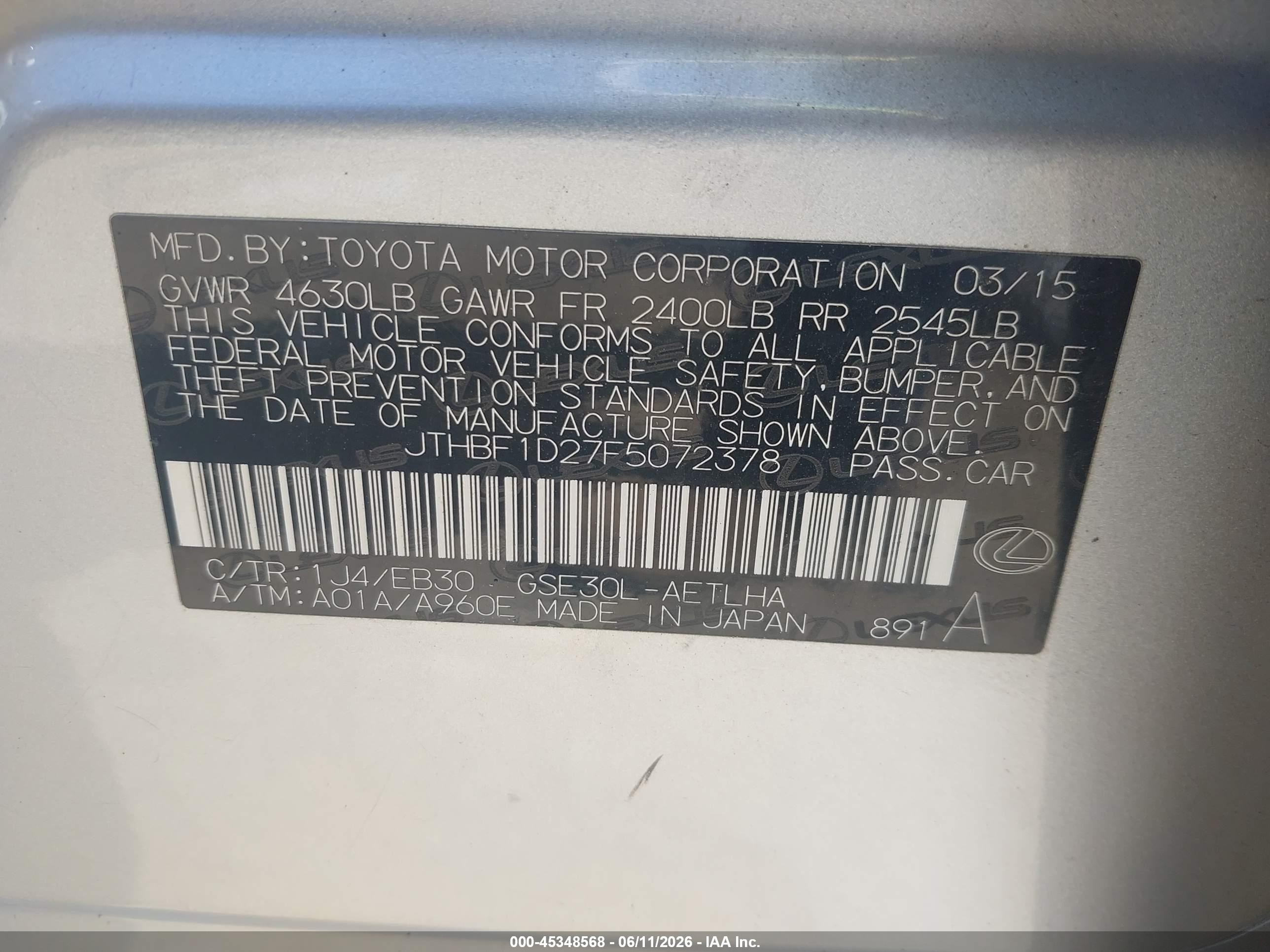2015 Lexus Is 250   Silver vin: JTHBF1D27F5072378