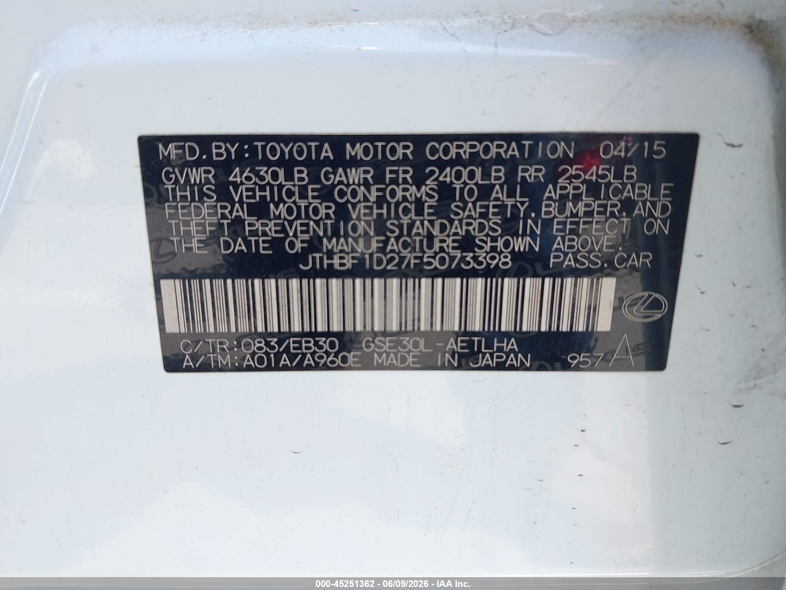 2015 Lexus Is 250   White vin: JTHBF1D27F5073398