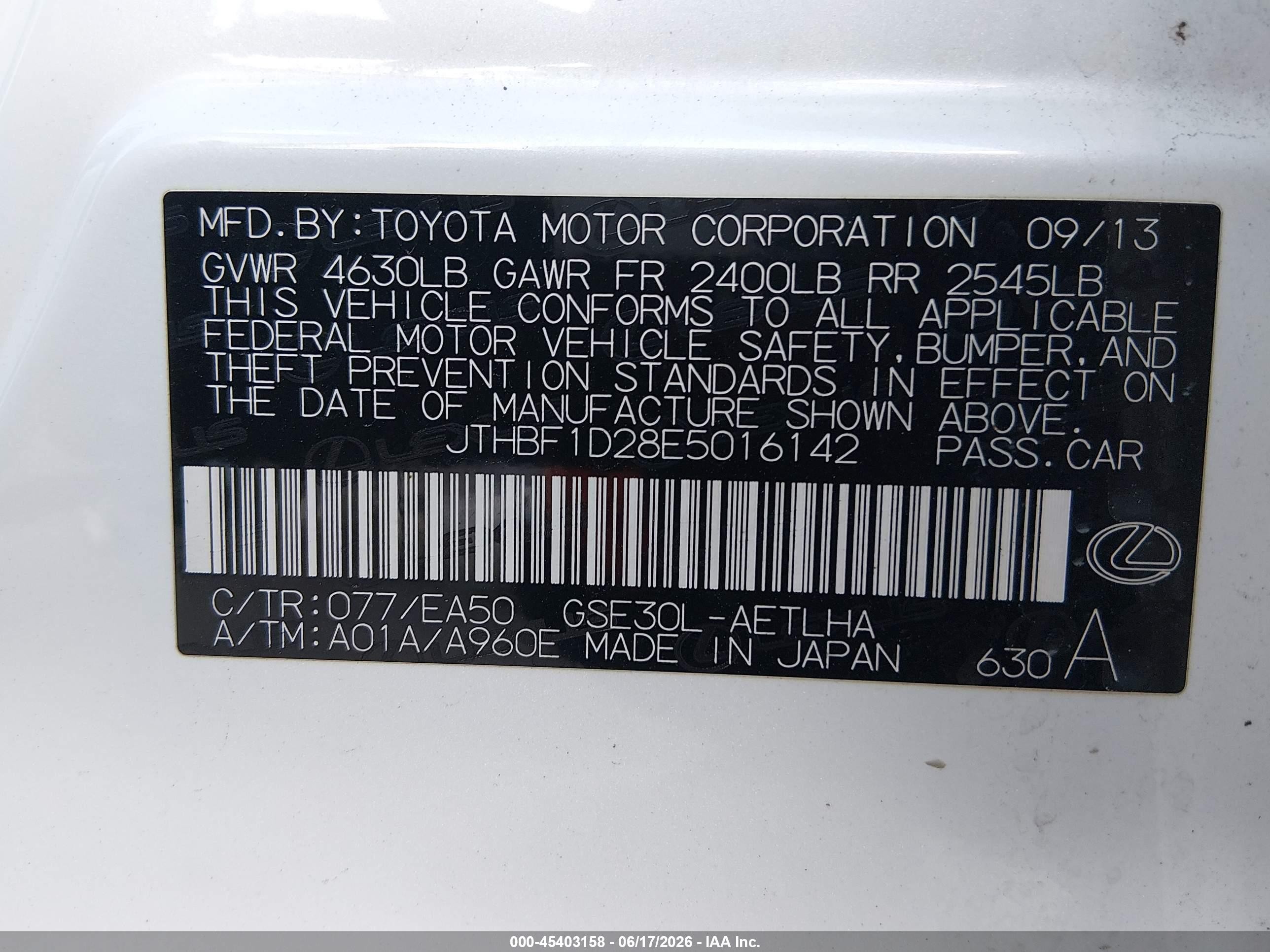 2014 Lexus Is 250   White vin: JTHBF1D28E5016142