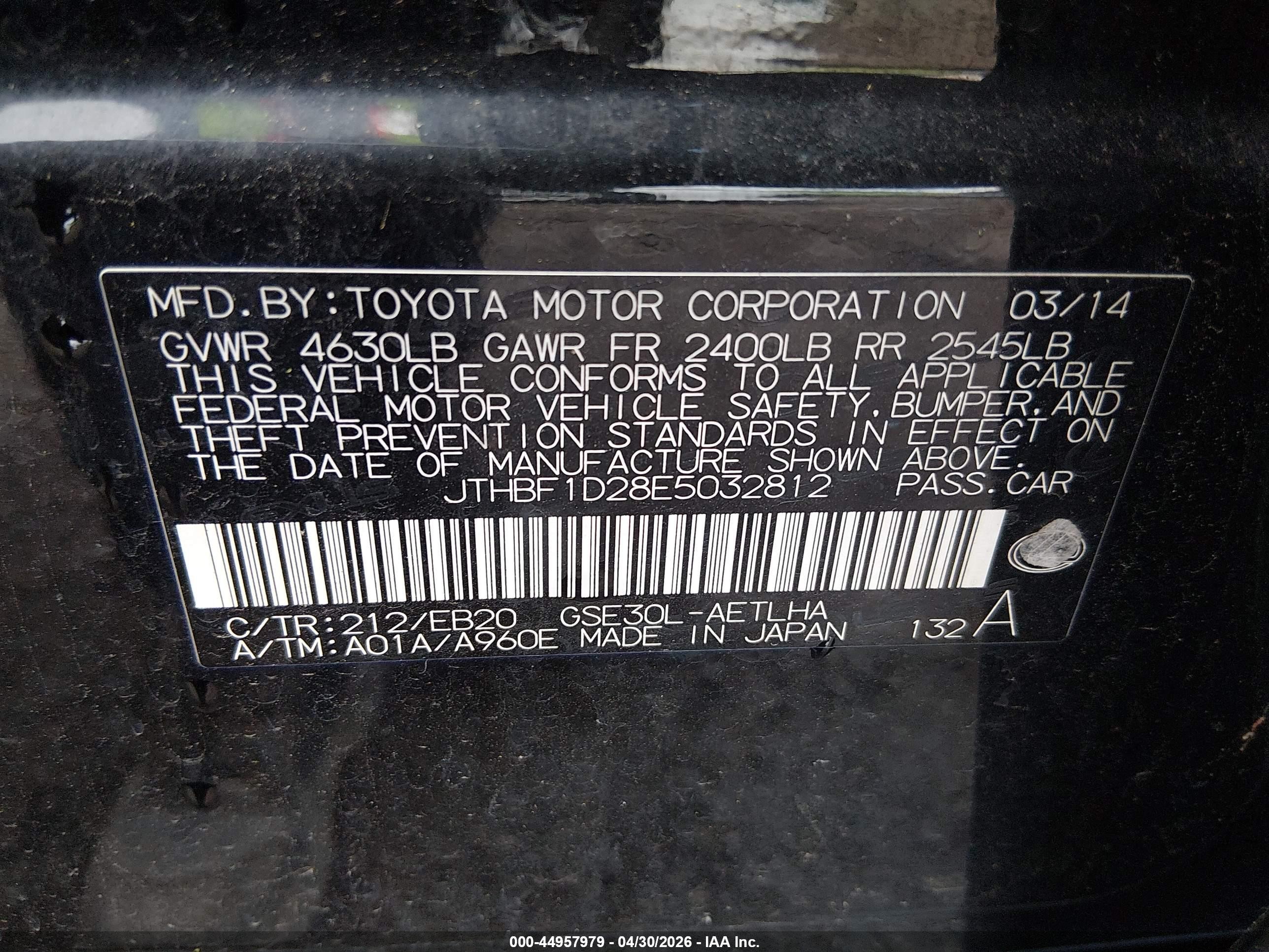 2014 Lexus Is 250   Black vin: JTHBF1D28E5032812