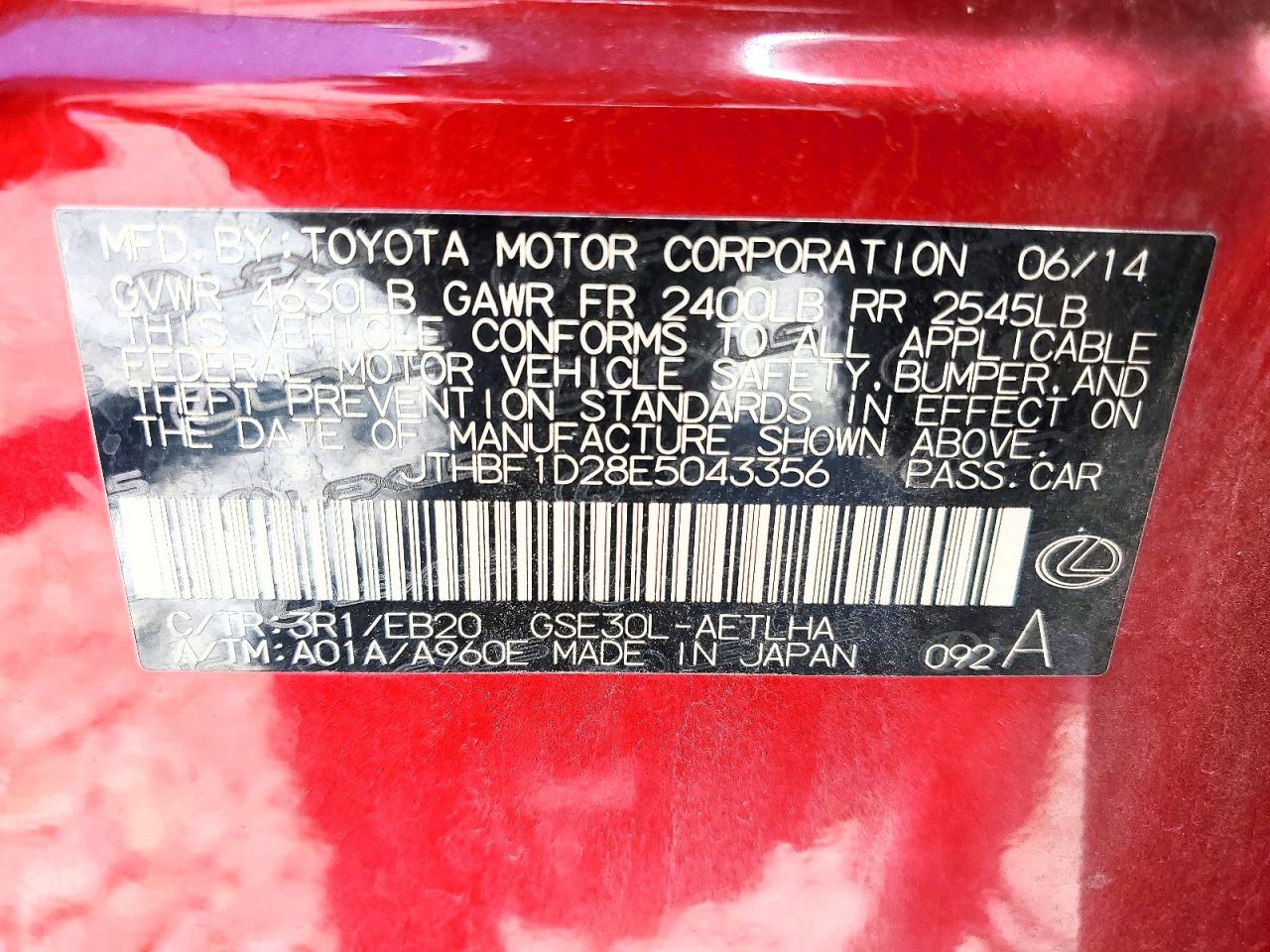2014 Lexus Is 250 Red vin: JTHBF1D28E5043356