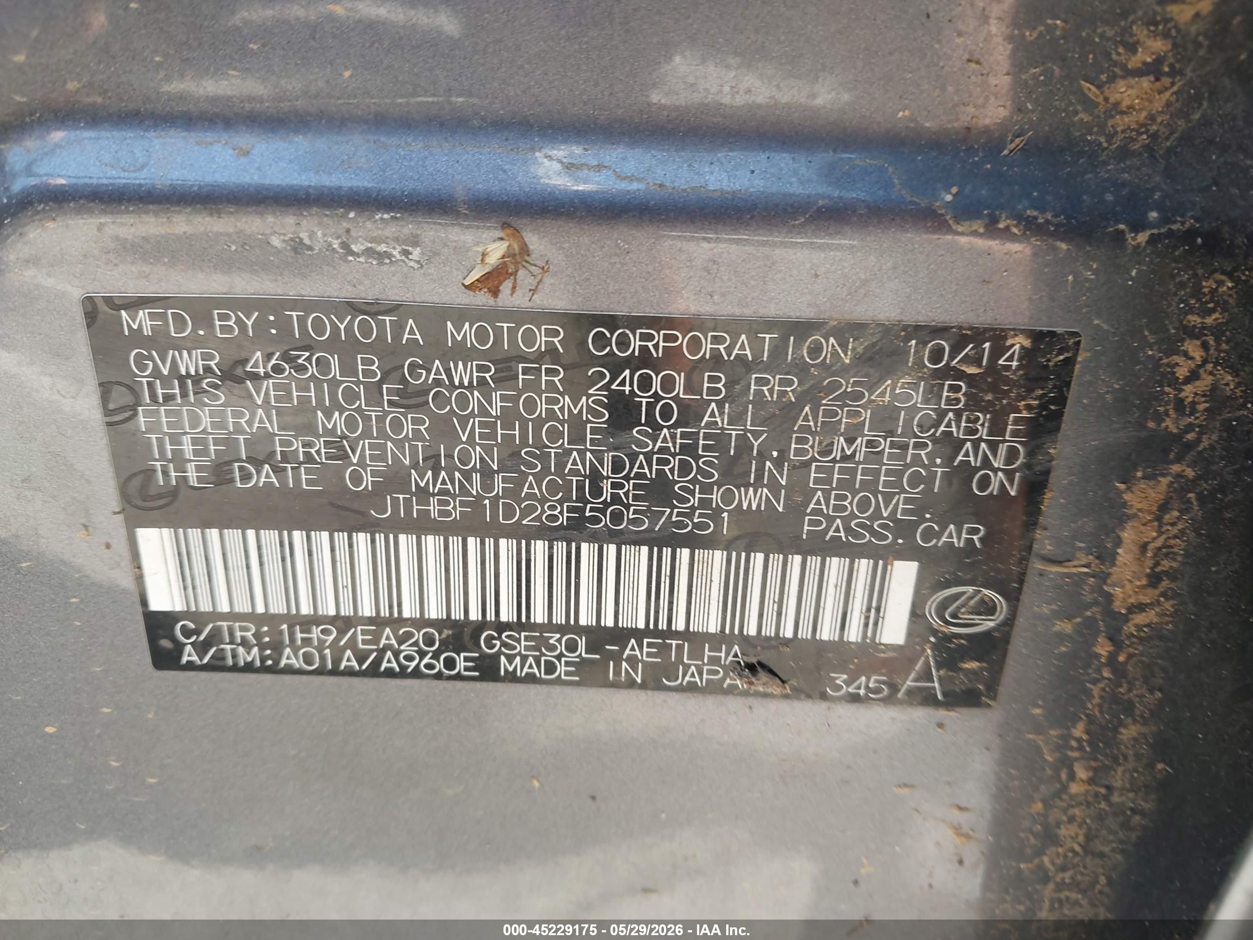 2015 Lexus Is 250   Gray vin: JTHBF1D28F5057551