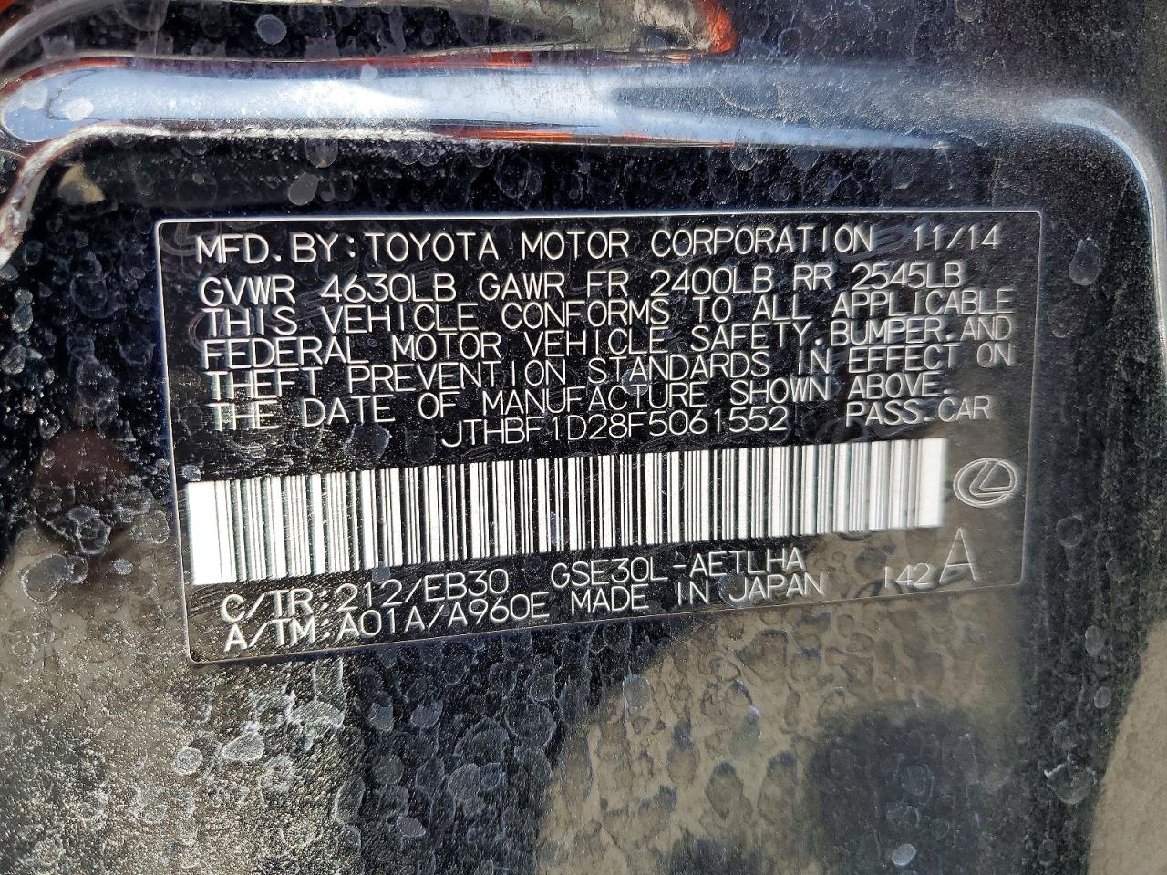 2015 Lexus Is 250 Black vin: JTHBF1D28F5061552