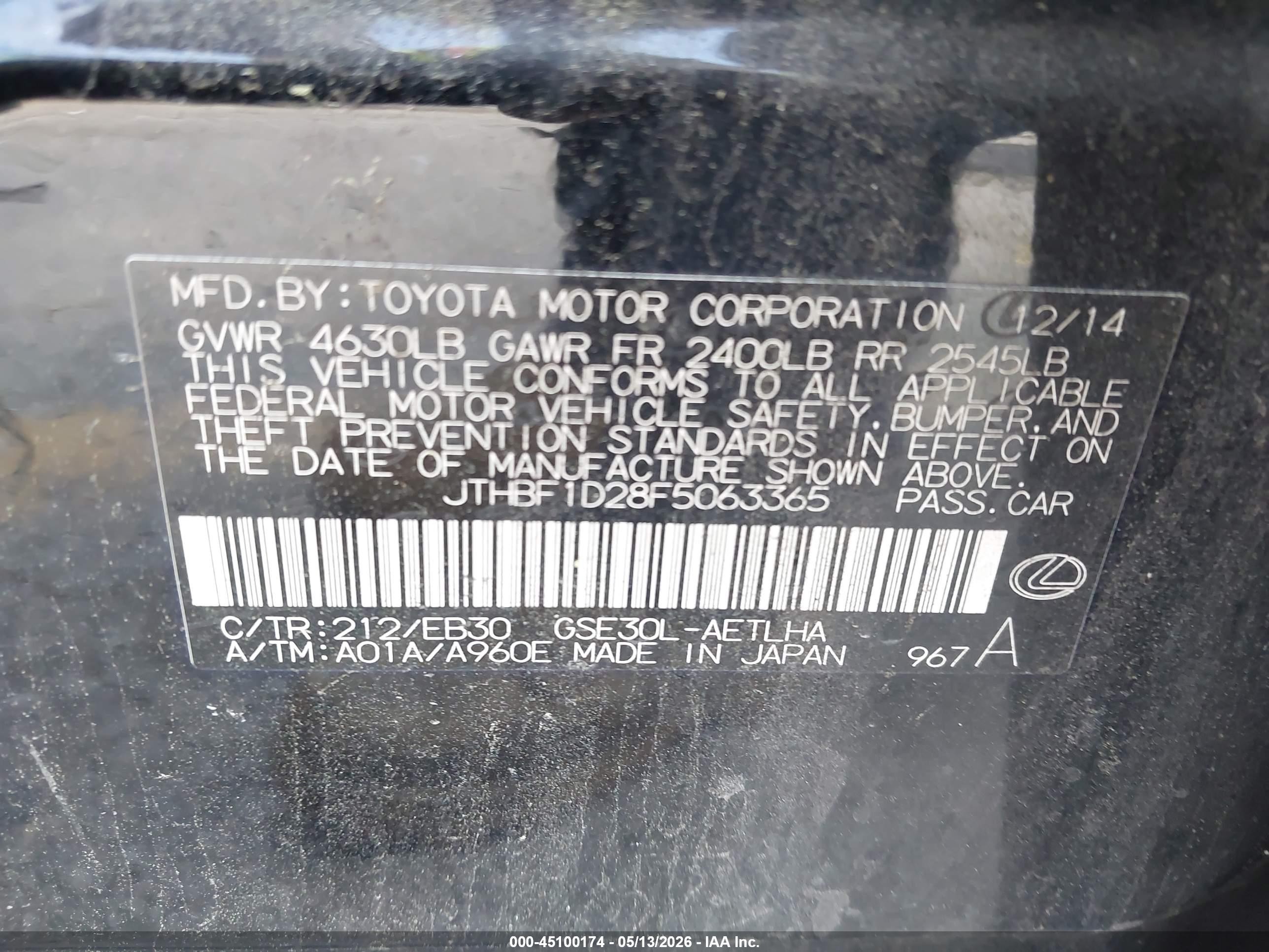 2015 Lexus Is 250   Black vin: JTHBF1D28F5063365