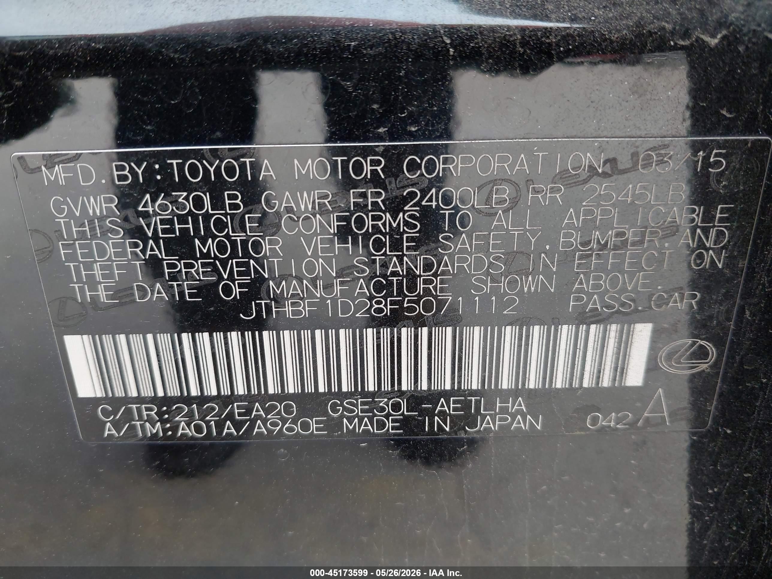 2015 Lexus Is 250   Black vin: JTHBF1D28F5071112