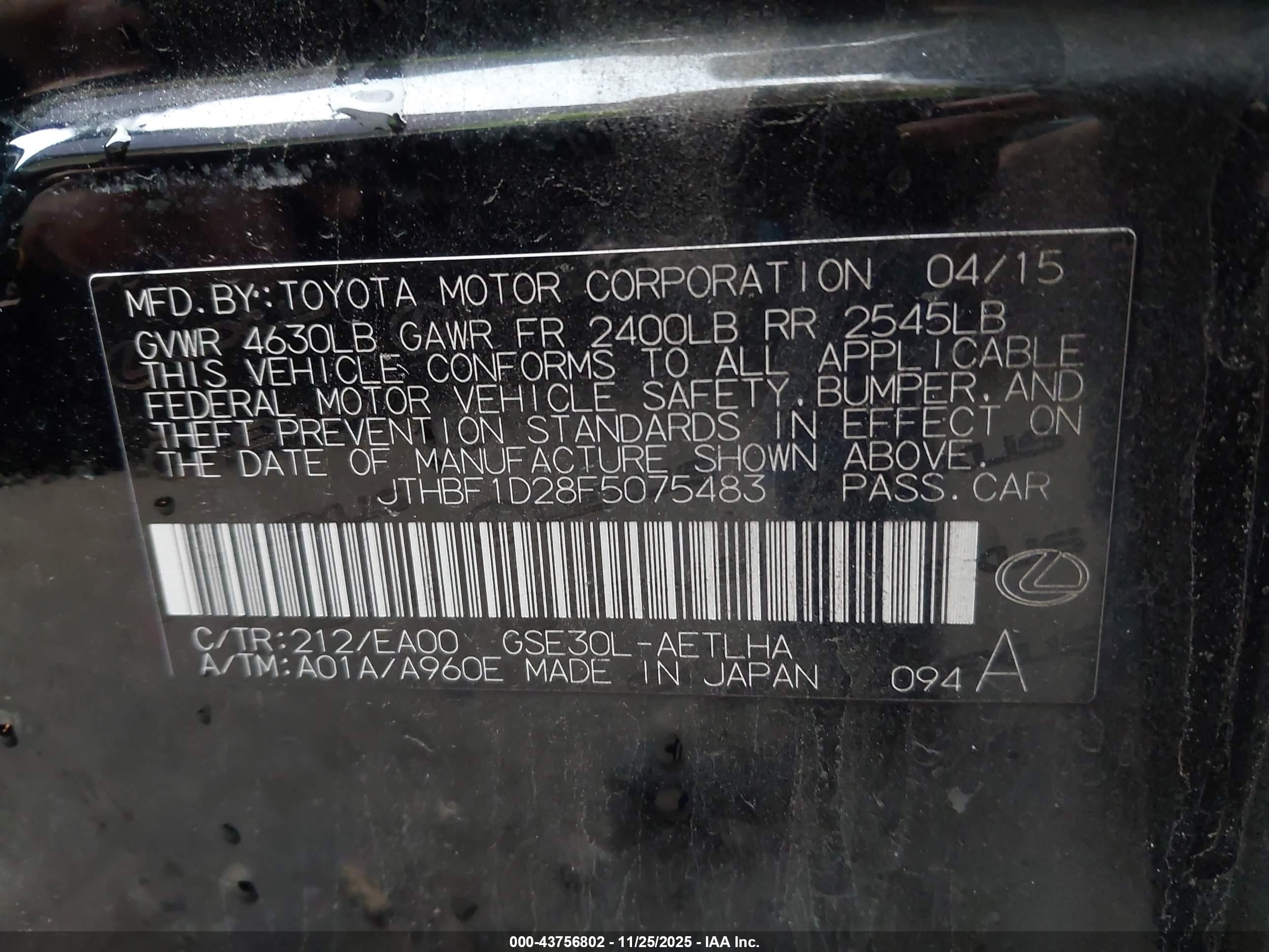 2015 Lexus Is 250   Black vin: JTHBF1D28F5075483