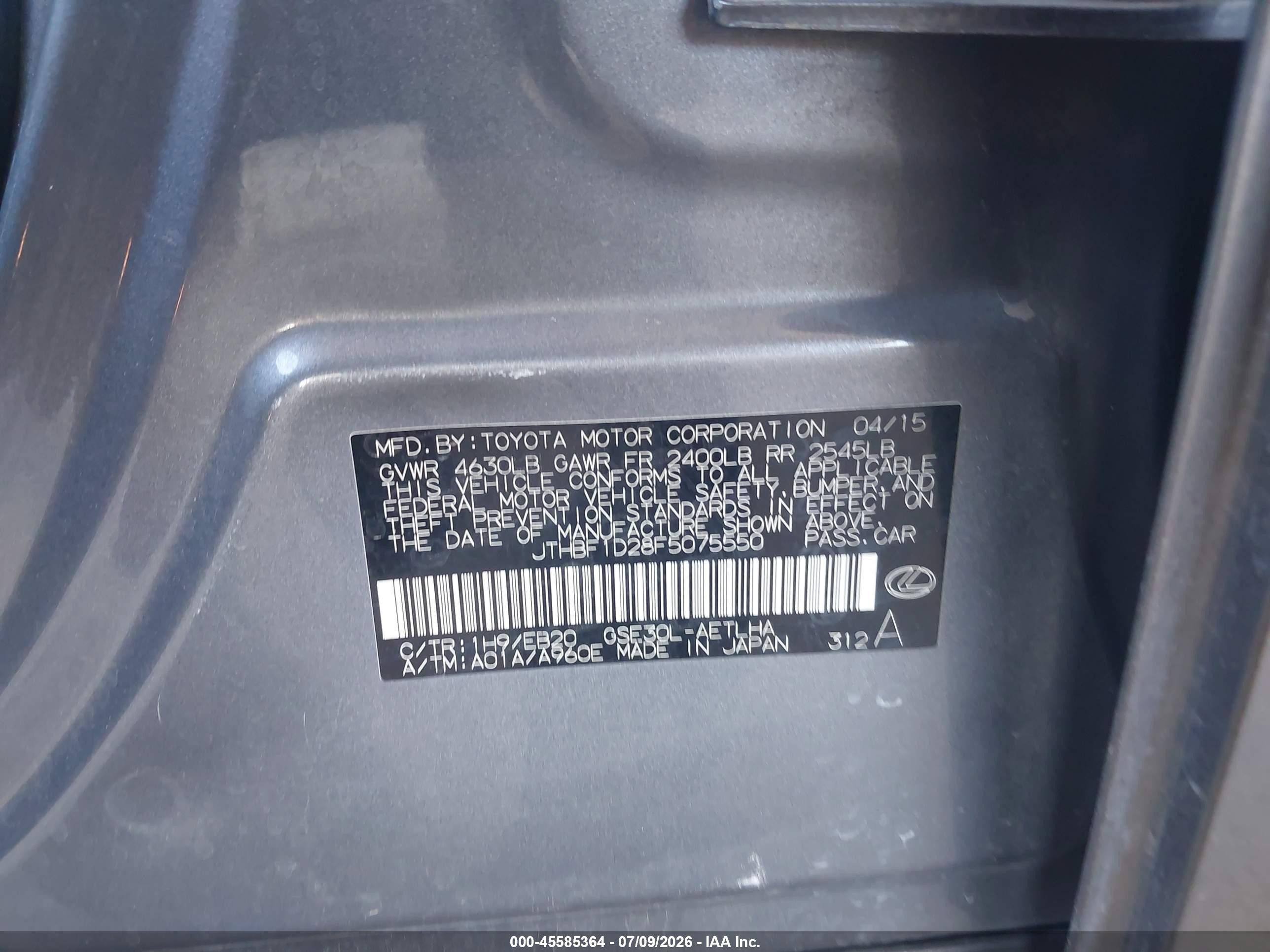 2015 Lexus Is 250   Gray vin: JTHBF1D28F5075550