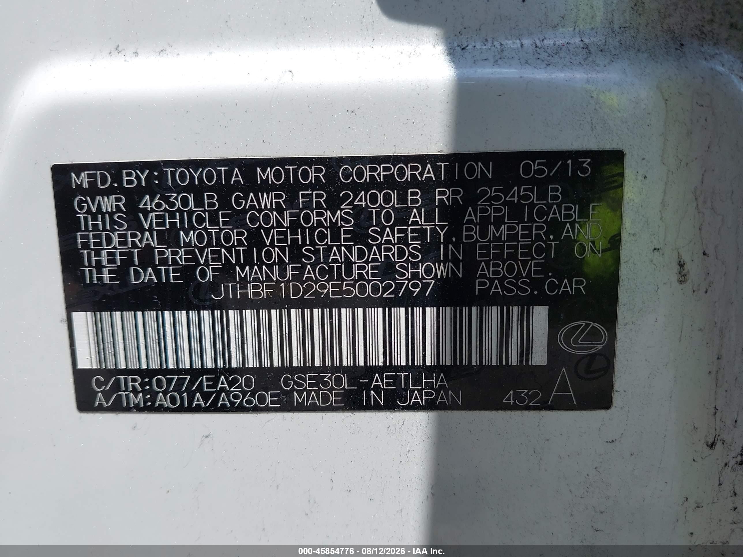 2014 Lexus Is 250   White vin: JTHBF1D29E5002797