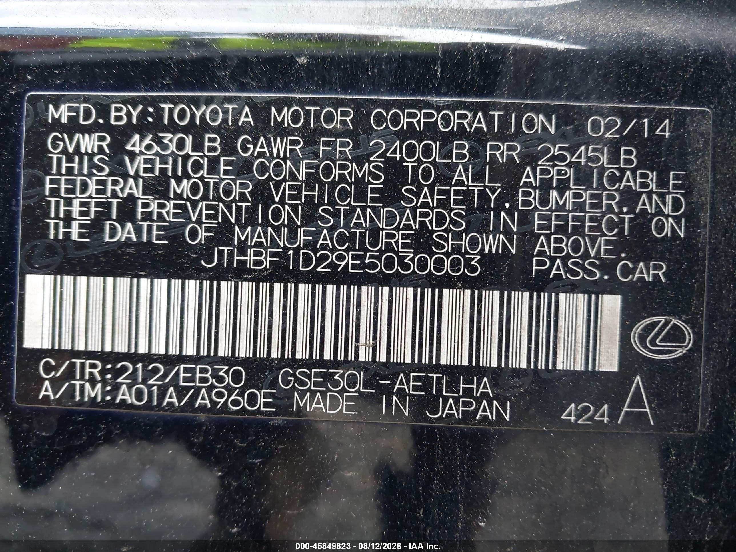 2014 Lexus Is 250   Black vin: JTHBF1D29E5030003