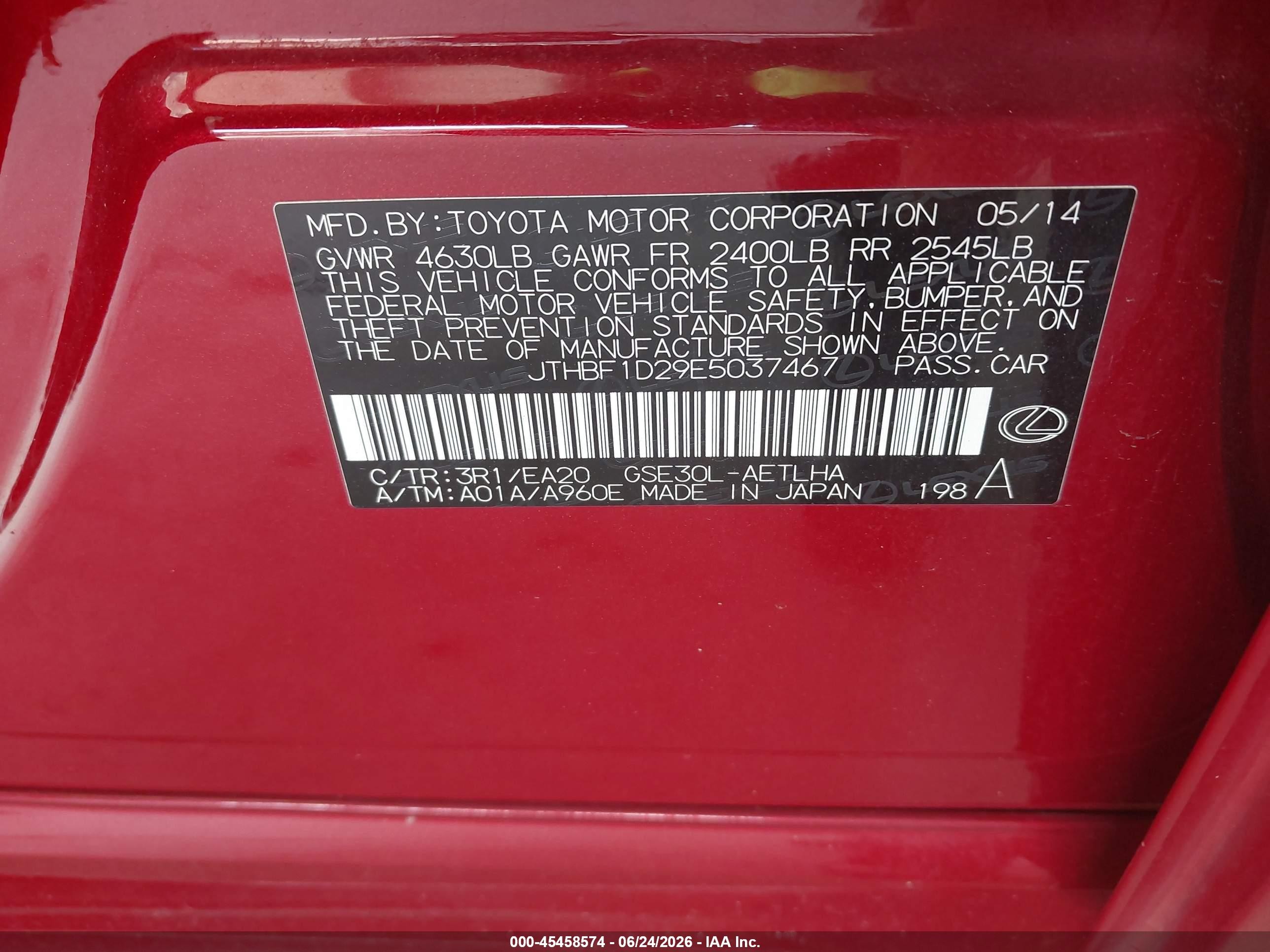 2014 Lexus Is 250   Red vin: JTHBF1D29E5037467