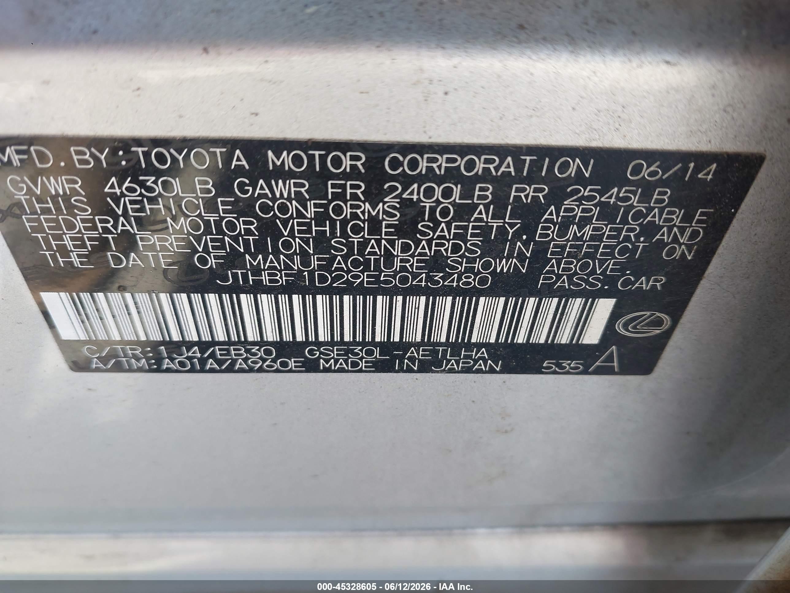 2014 Lexus Is 250 Silver vin: JTHBF1D29E5043480