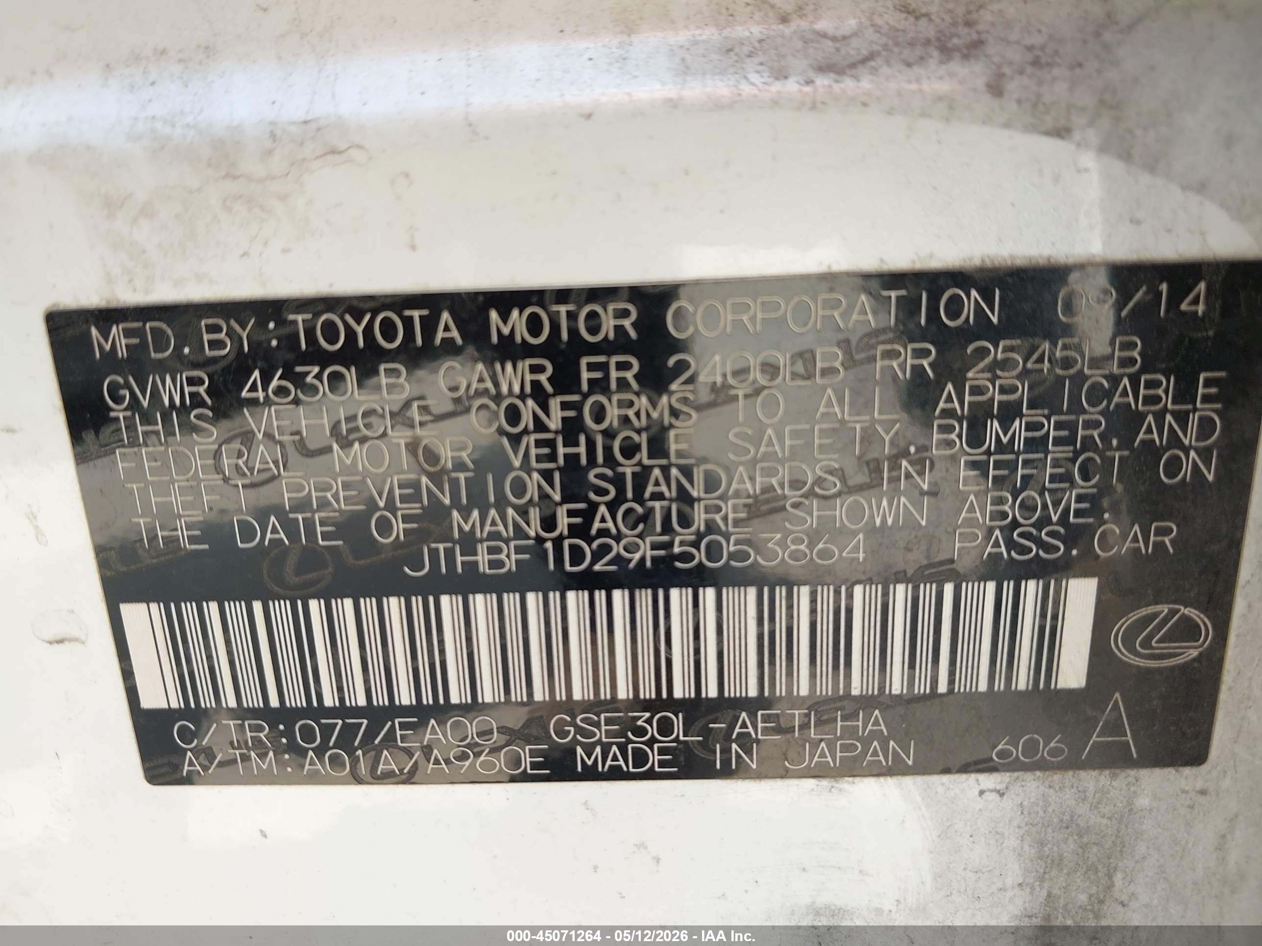 2015 Lexus Is 250   White vin: JTHBF1D29F5053864