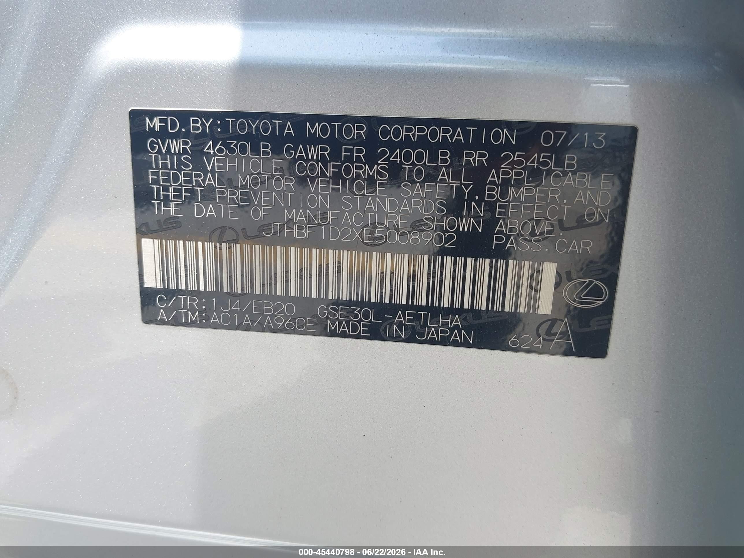 2014 Lexus Is 250   Silver vin: JTHBF1D2XE5008902