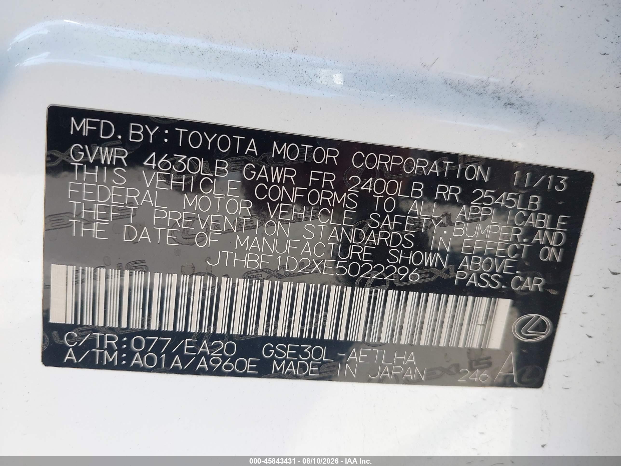 2014 Lexus Is 250   White vin: JTHBF1D2XE5022296