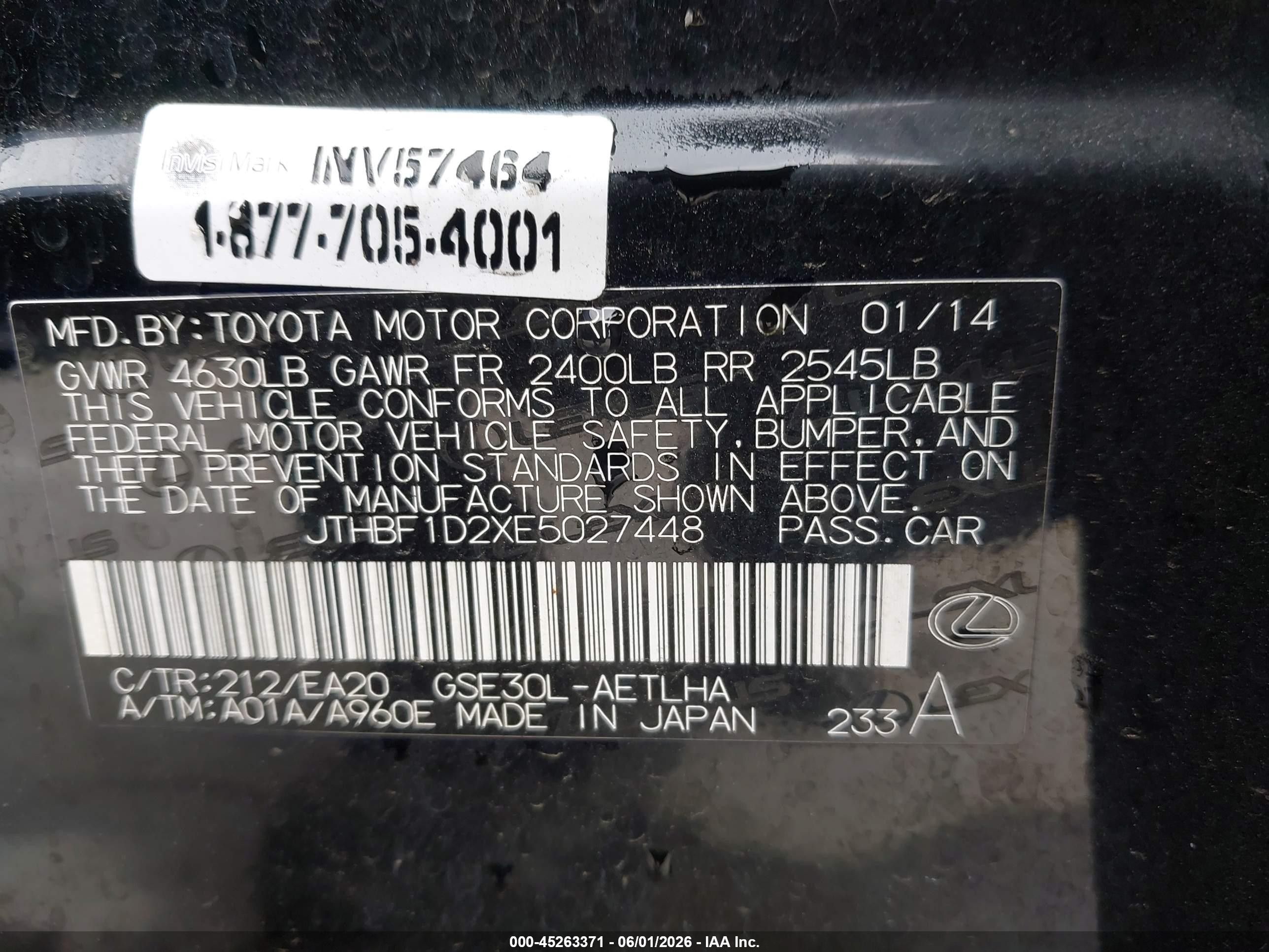 2014 Lexus Is 250   Black vin: JTHBF1D2XE5027448