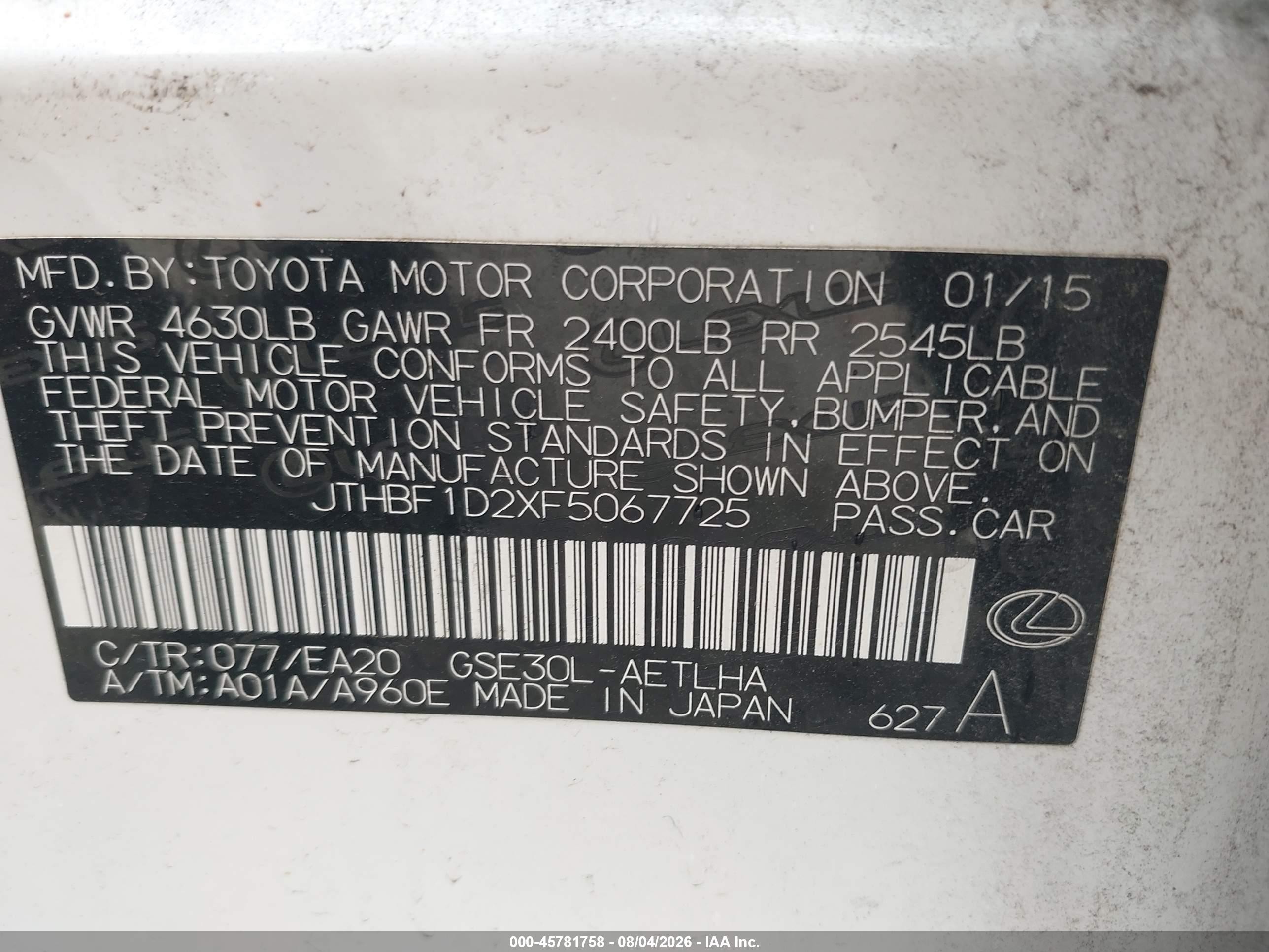 2015 Lexus Is 250   White vin: JTHBF1D2XF5067725