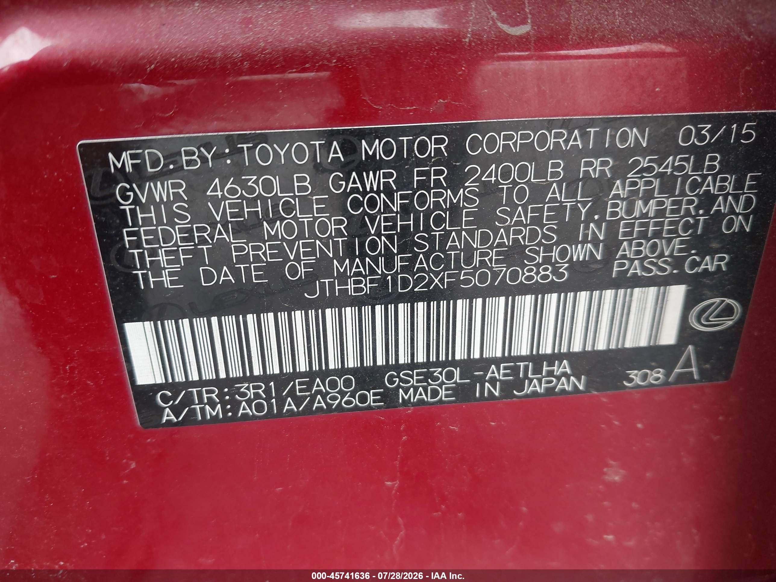 2015 Lexus Is 250   Red vin: JTHBF1D2XF5070883