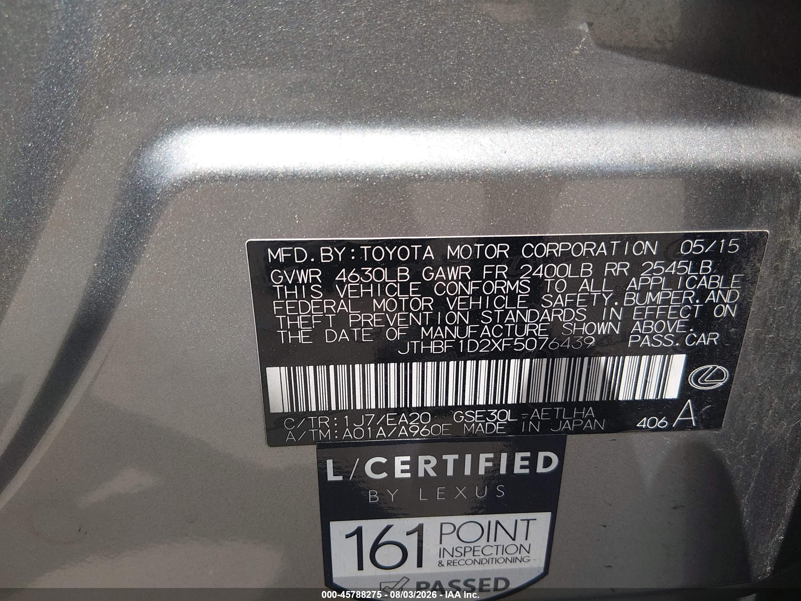 2015 Lexus Is 250 Gray vin: JTHBF1D2XF5076439