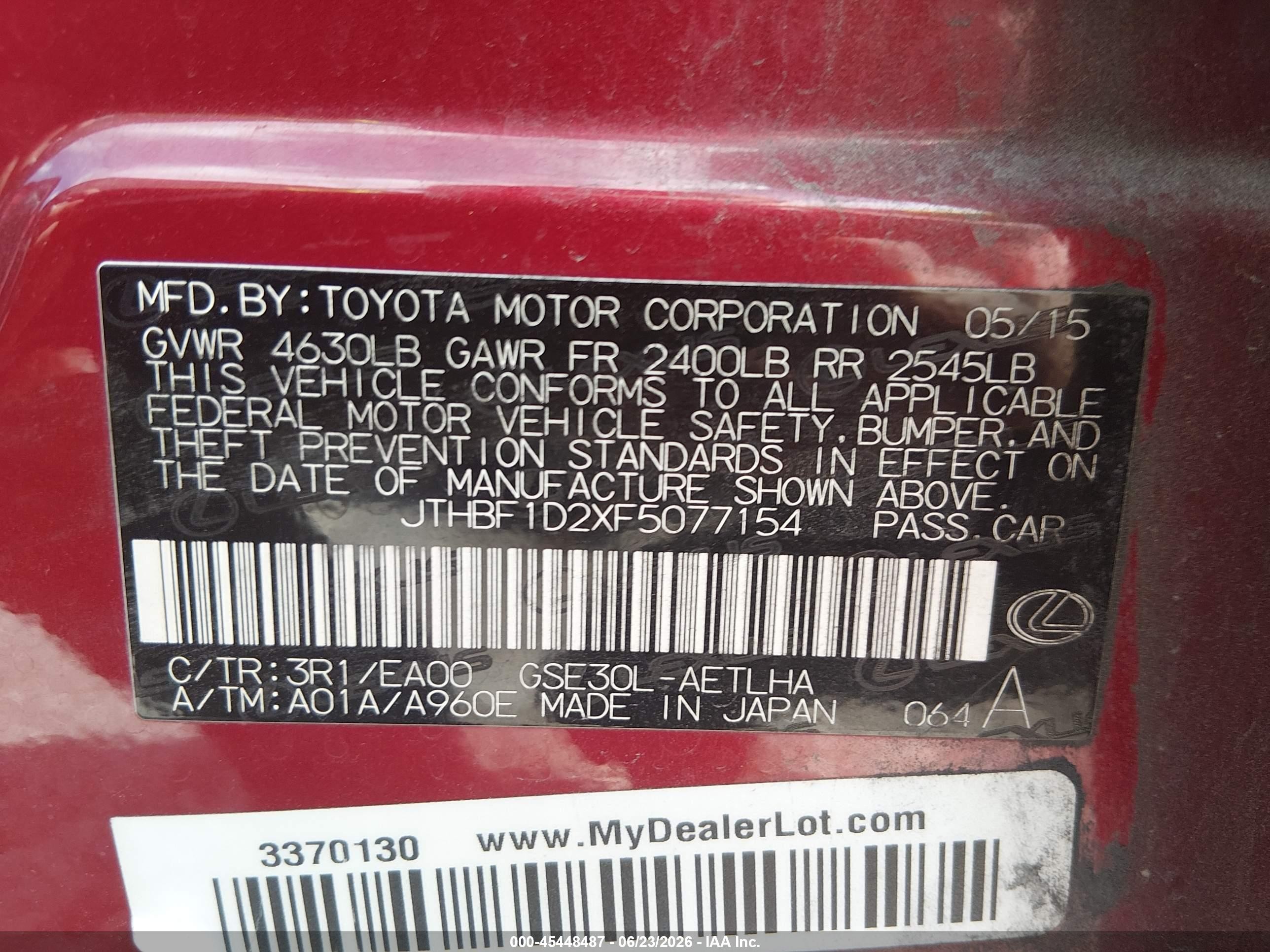 2015 Lexus Is 250   Red vin: JTHBF1D2XF5077154
