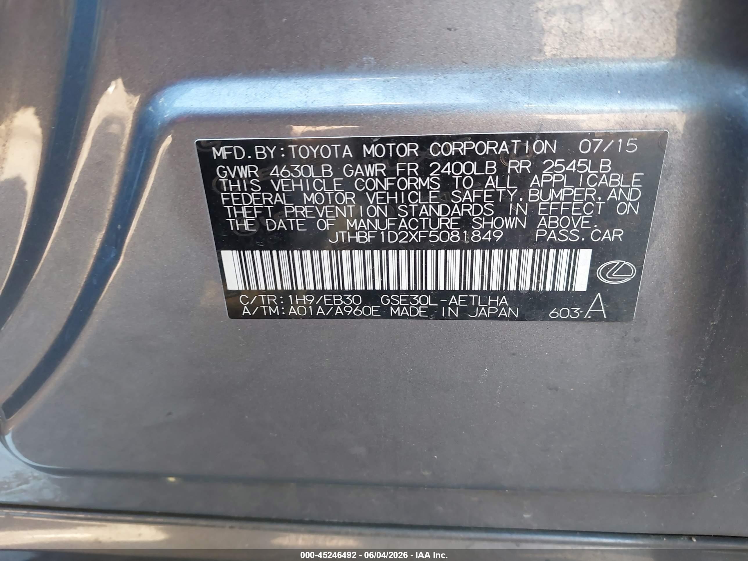 2015 Lexus Is 250   Black vin: JTHBF1D2XF5081849