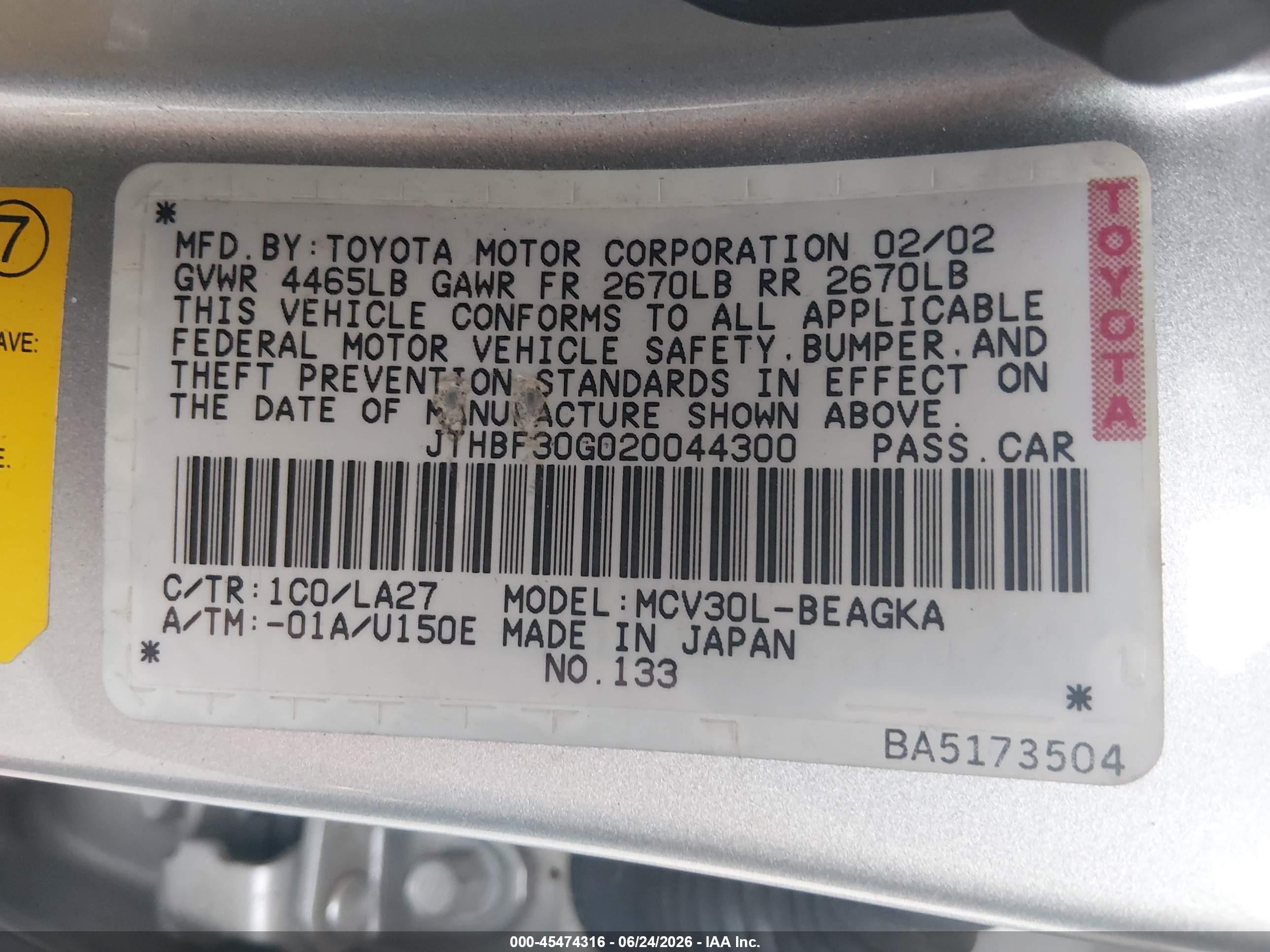 2002 Lexus Es 300   Silver vin: JTHBF30G020044300