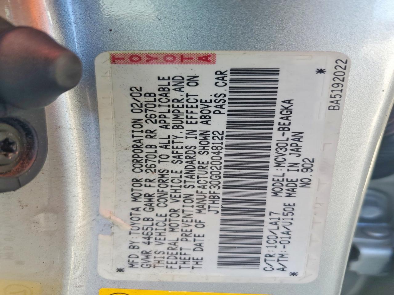 2002 Lexus Es 300 Base Silver vin: JTHBF30G020048122