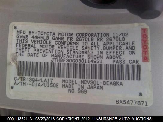 2003 Lexus Es 300 Sedan vin: JTHBF30G030114931