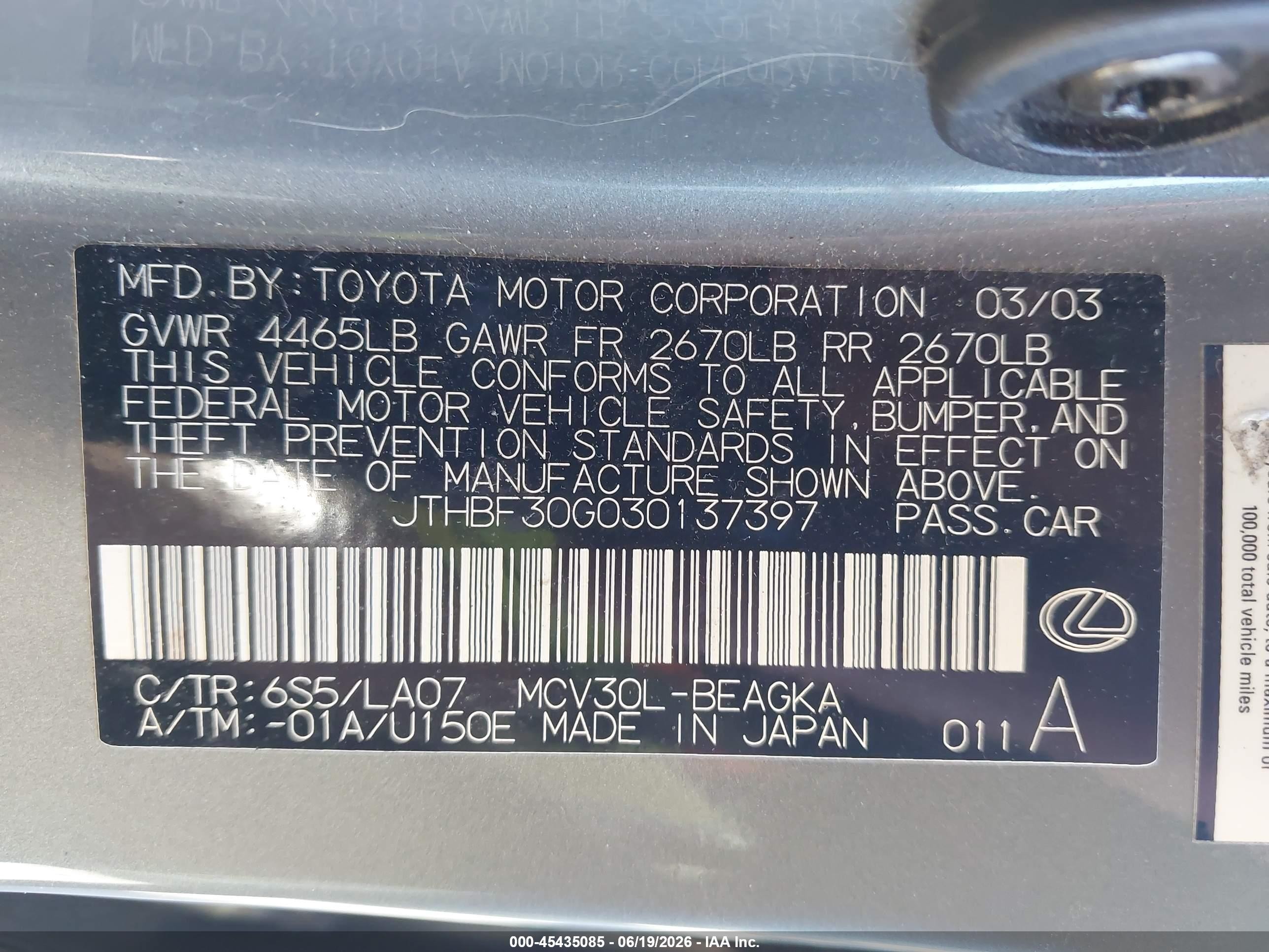 2003 Lexus Es 300   Teal vin: JTHBF30G030137397