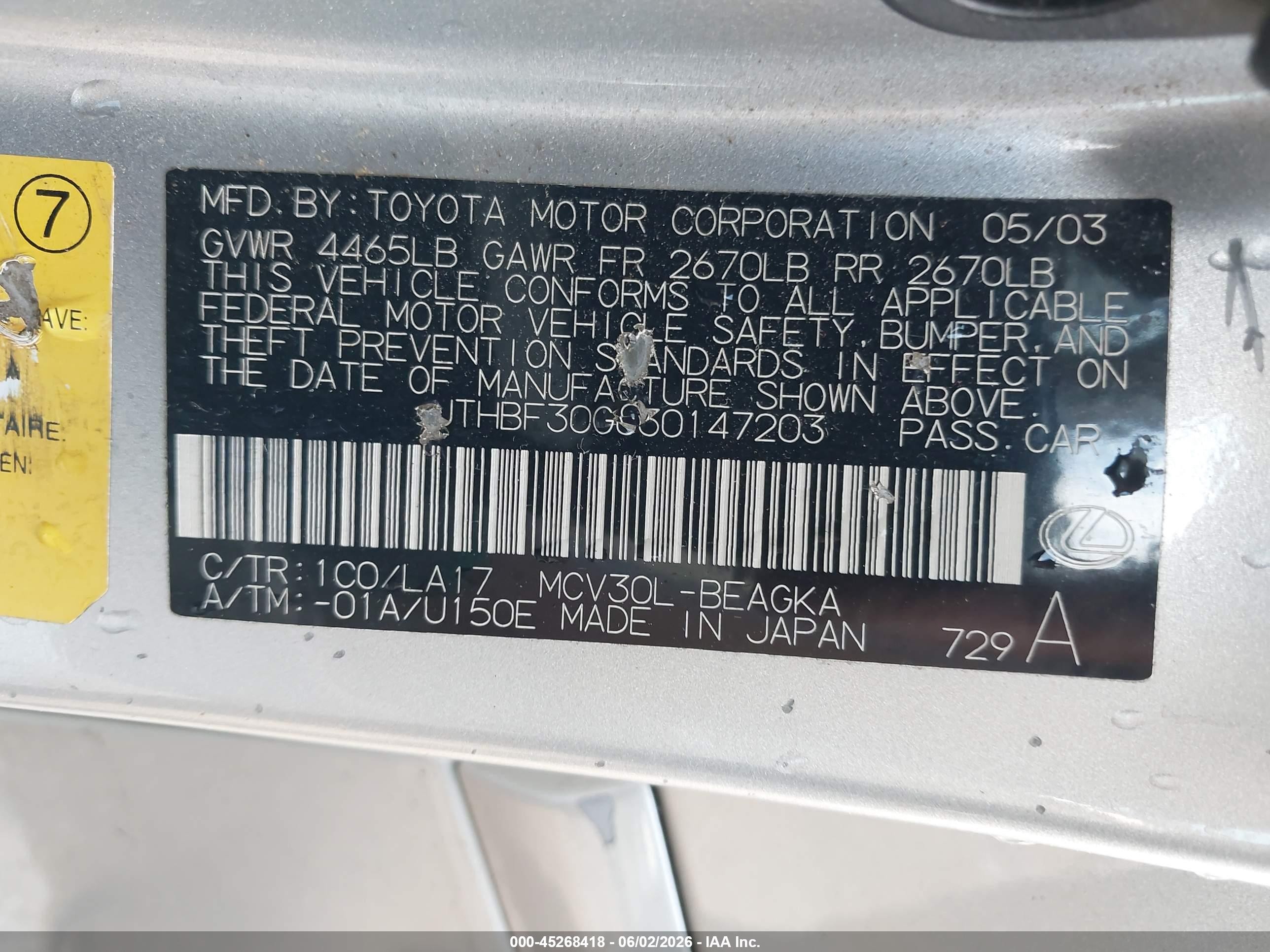 2003 Lexus Es 300   Silver vin: JTHBF30G030147203