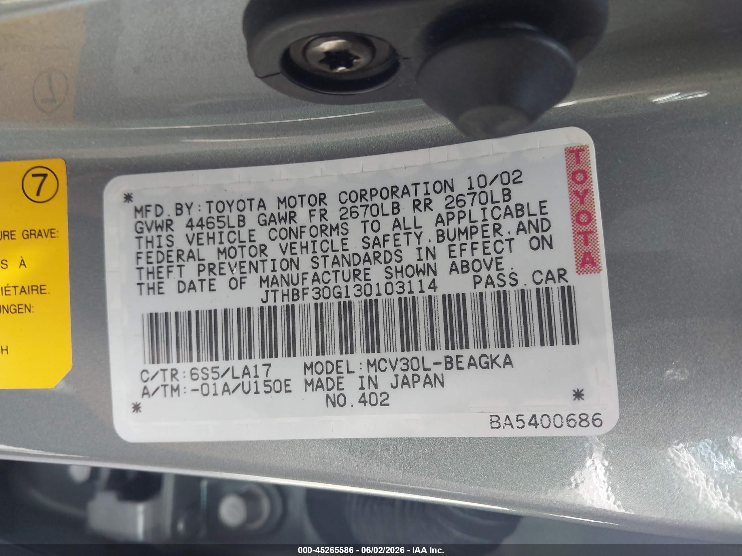 2003 Lexus Es 300   Light Blue vin: JTHBF30G130103114