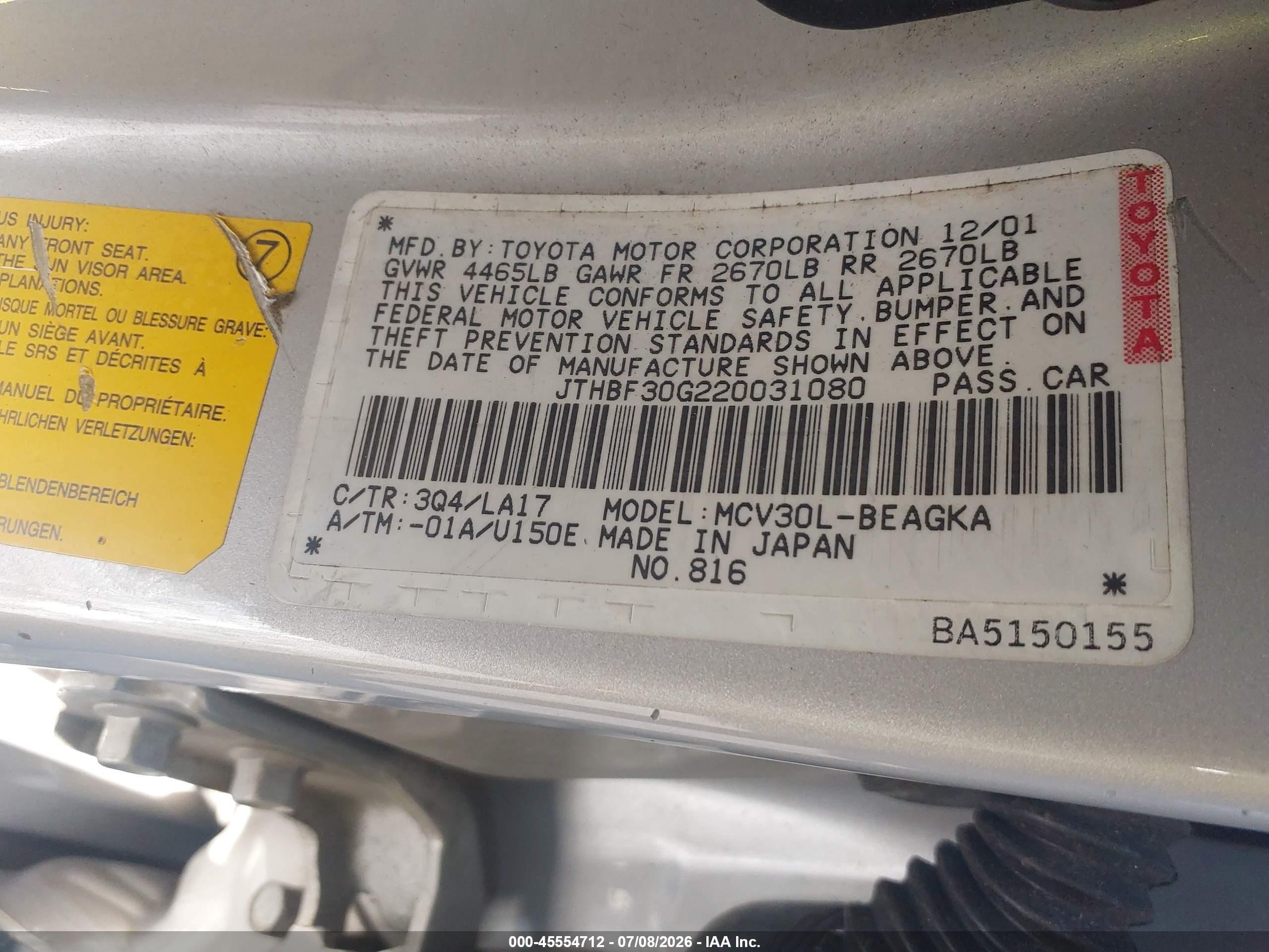 2002 Lexus Es 300   Silver vin: JTHBF30G220031080