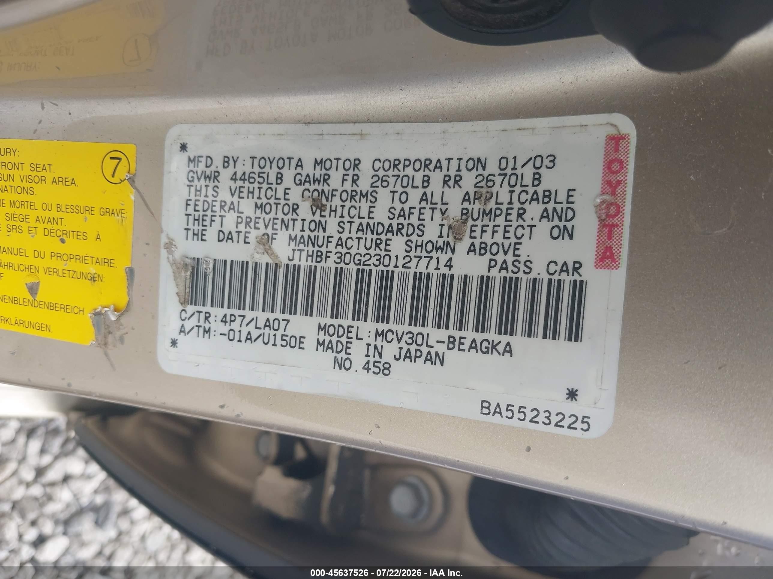 2003 Lexus Es 300   Gold vin: JTHBF30G230127714