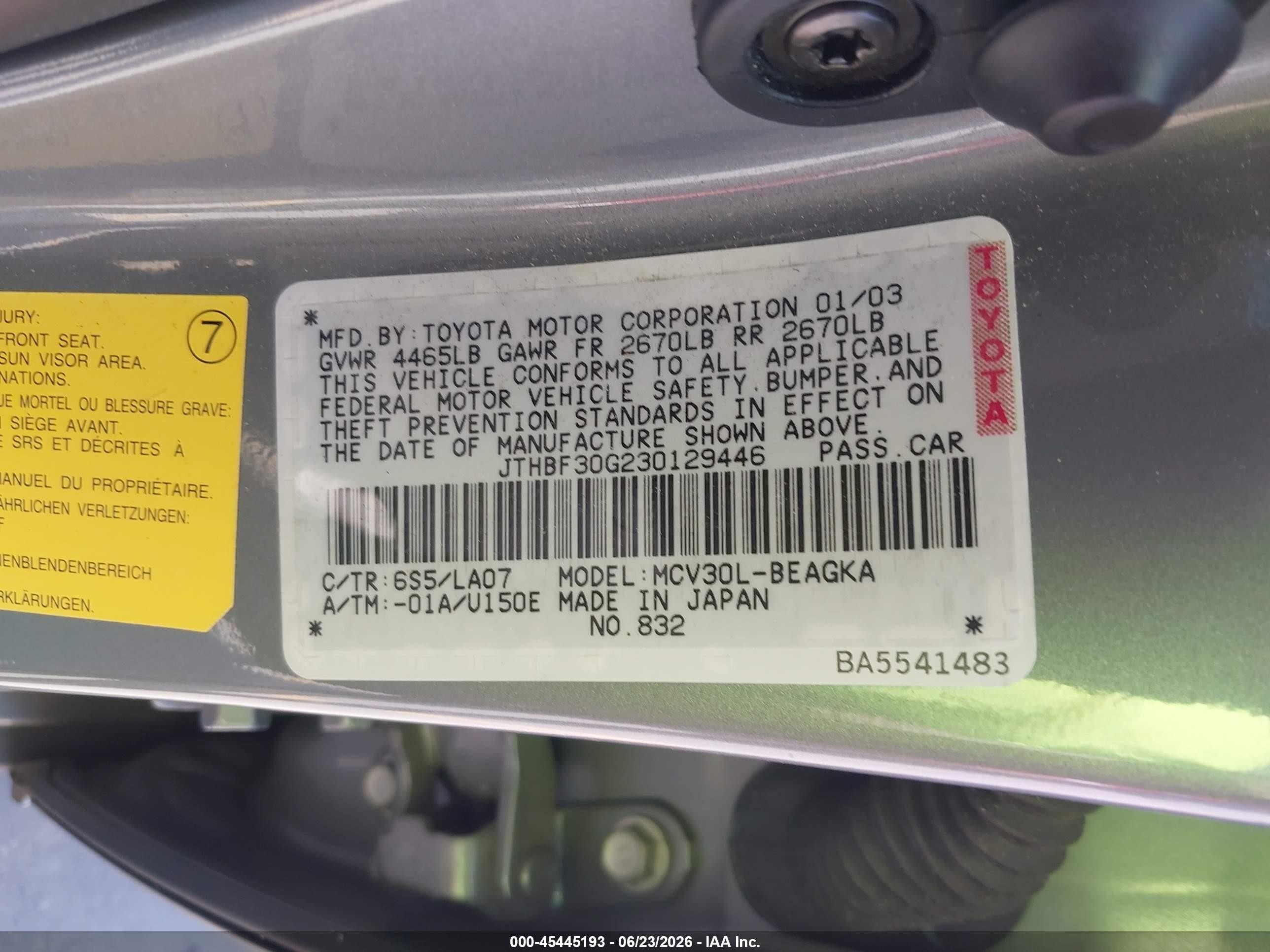 2003 Lexus Es 300   Gray vin: JTHBF30G230129446