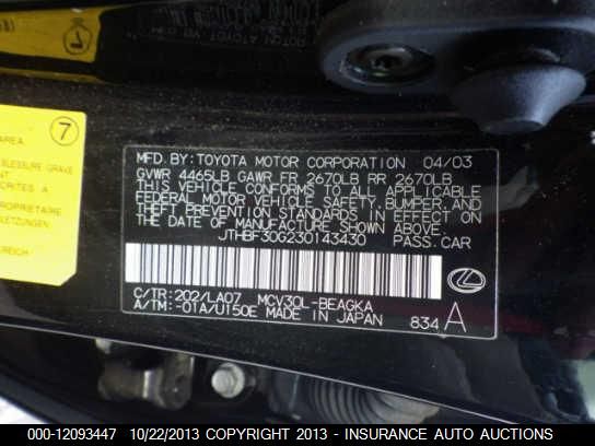 2003 Lexus Es 300 Sedan vin: JTHBF30G230143430