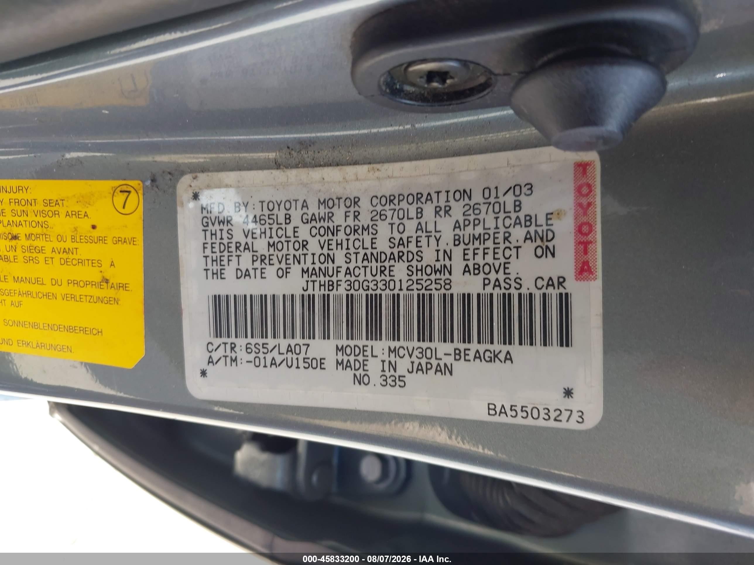 2003 Lexus Es 300   Gray vin: JTHBF30G330125258