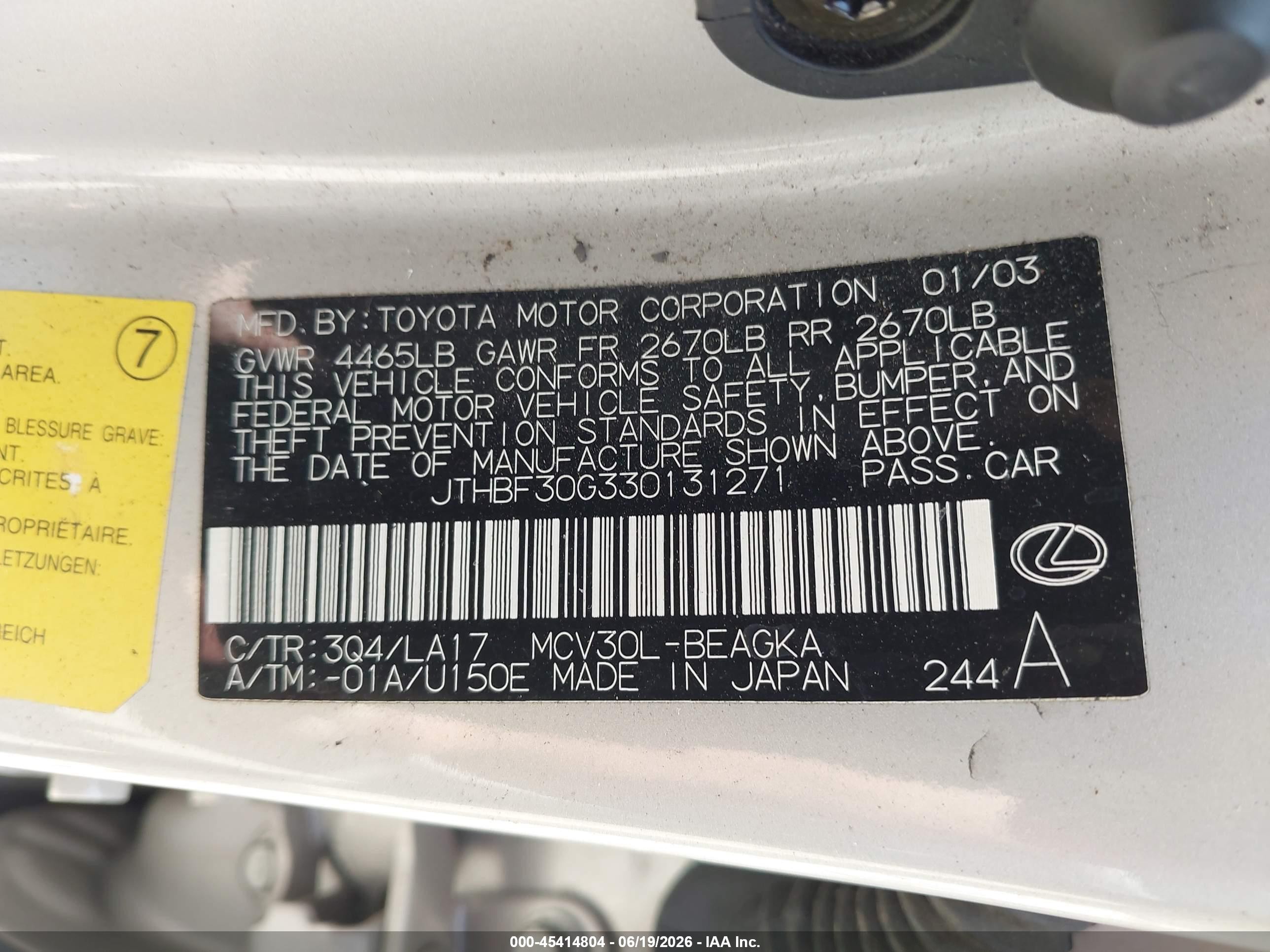 2003 Lexus Es 300   Silver vin: JTHBF30G330131271