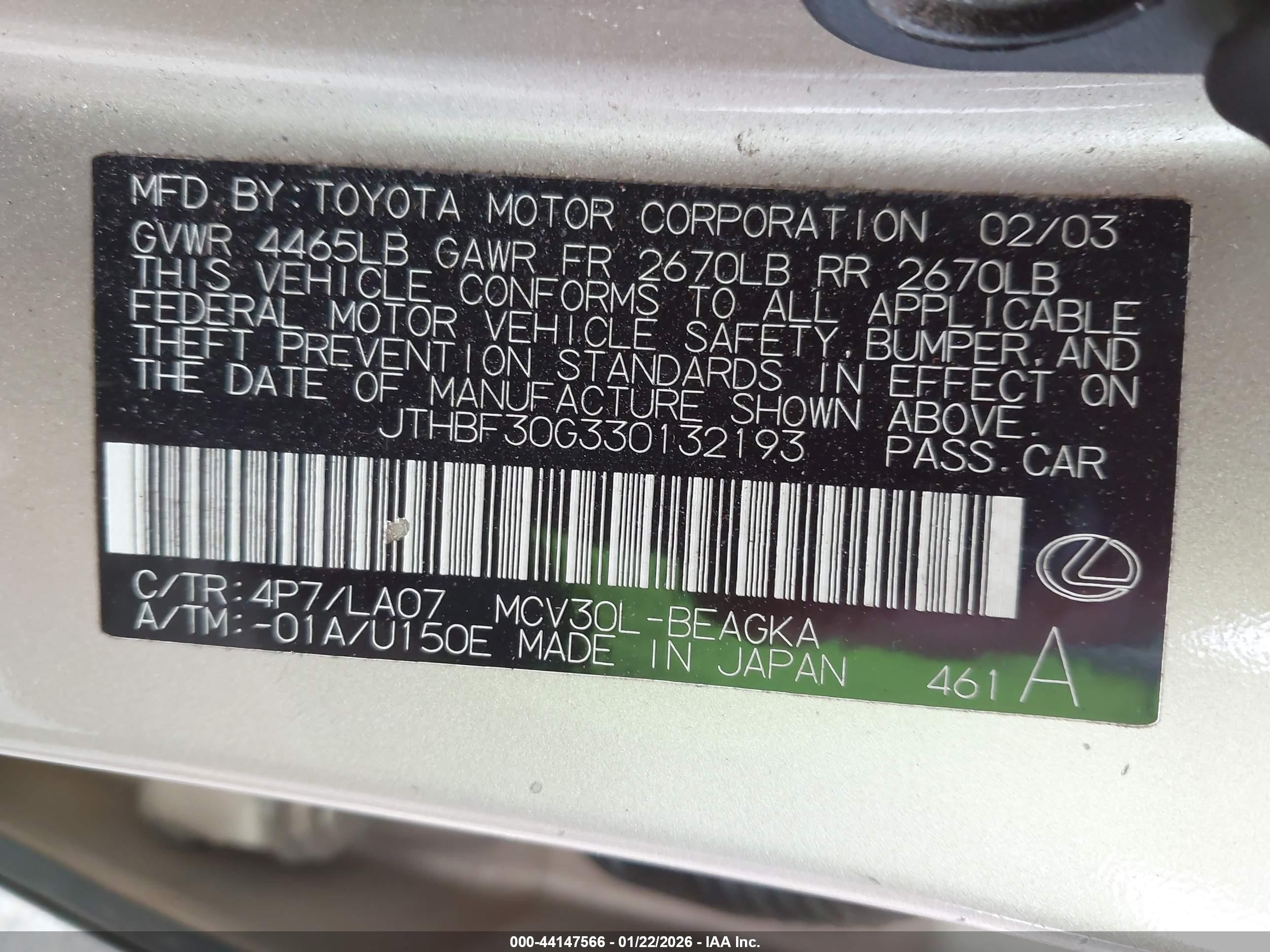 2003 Lexus Es 300   Champagne vin: JTHBF30G330132193