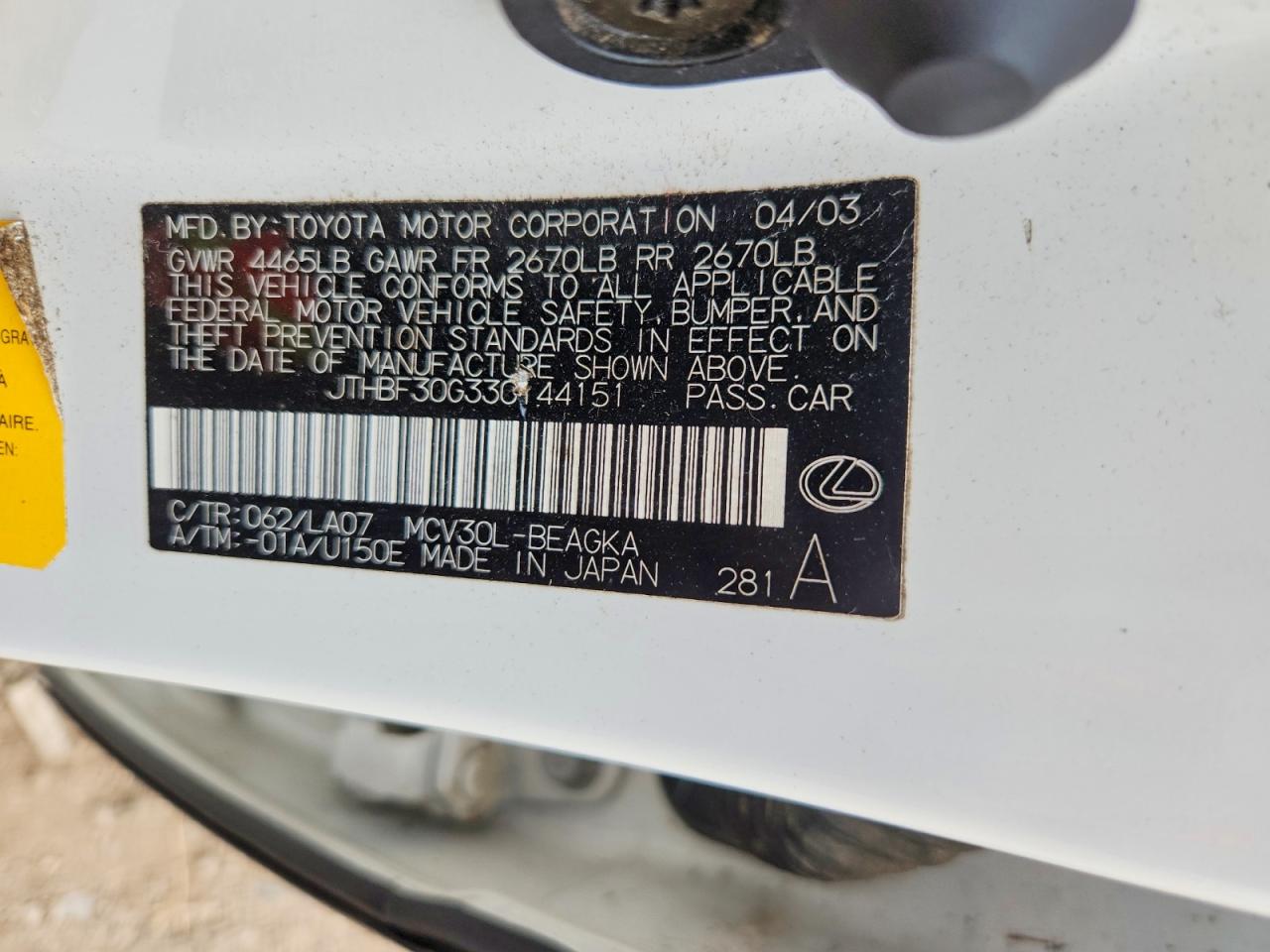 2003 Lexus Es 300 White vin: JTHBF30G330144151