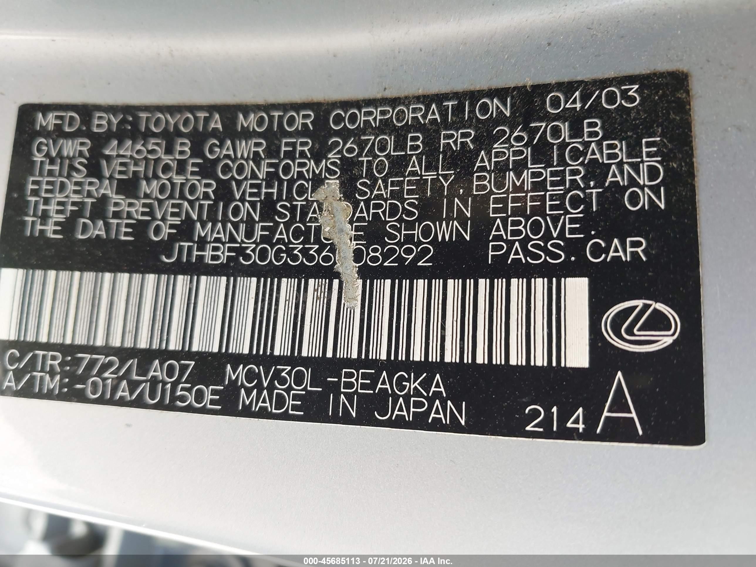 2003 Lexus Es 300   Light Blue vin: JTHBF30G336008292